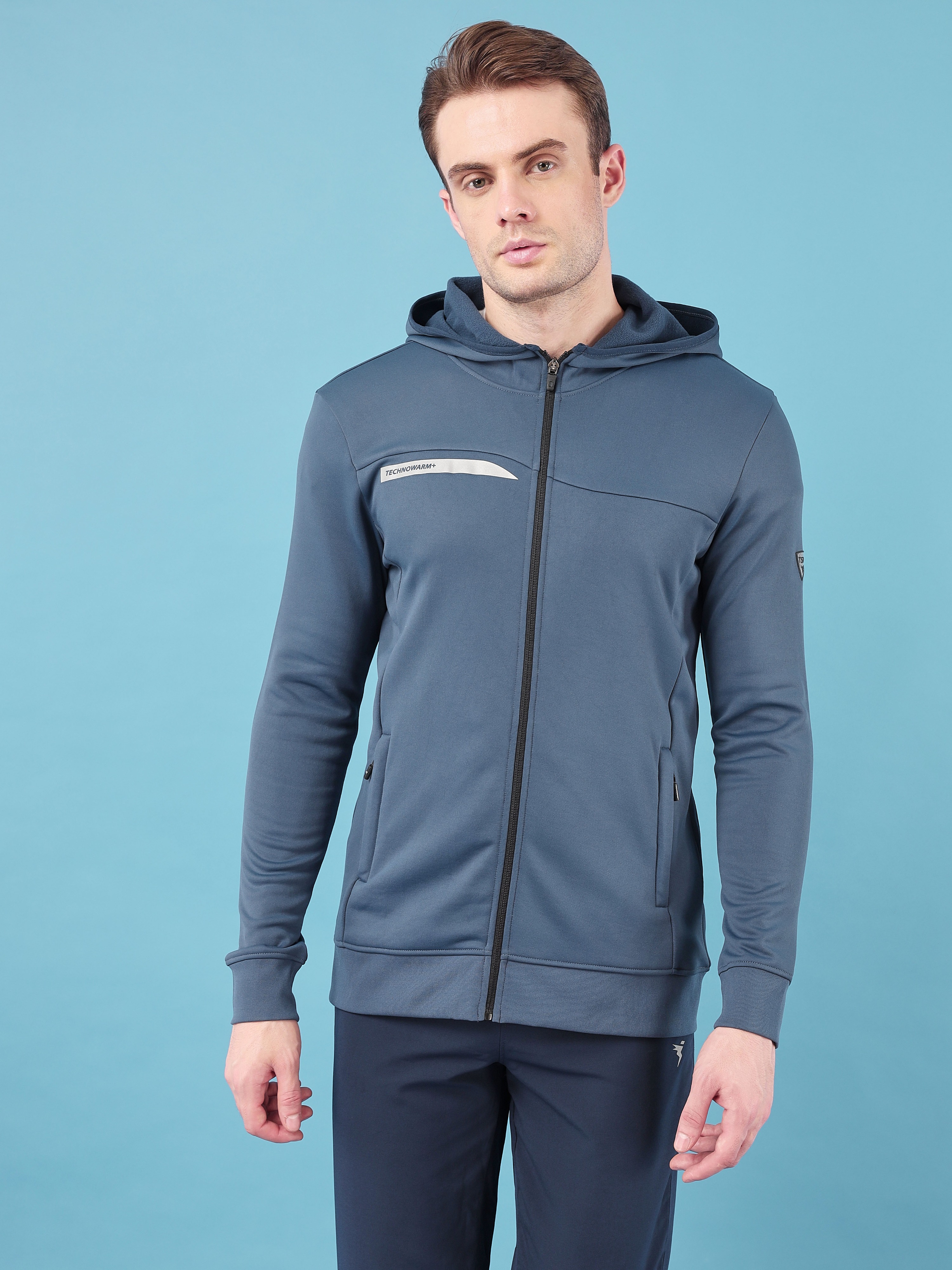 Technosport Men Light Navy Solid Hi-Neck Long Sleeves Slim-Fit Hooded Jacket (2)