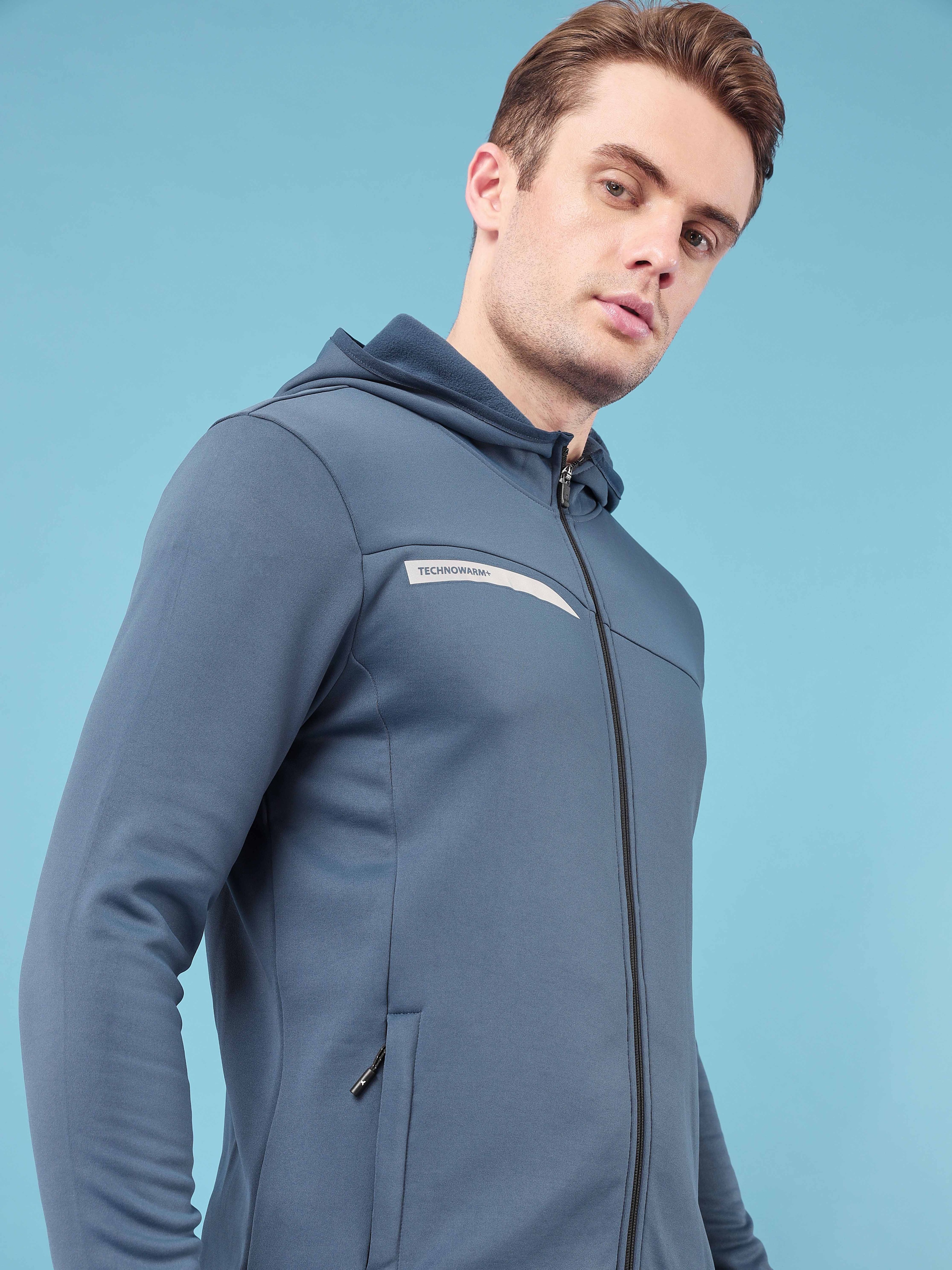 Technosport Men Light Navy Solid Hi-Neck Long Sleeves Slim-Fit Hooded Jacket (3)