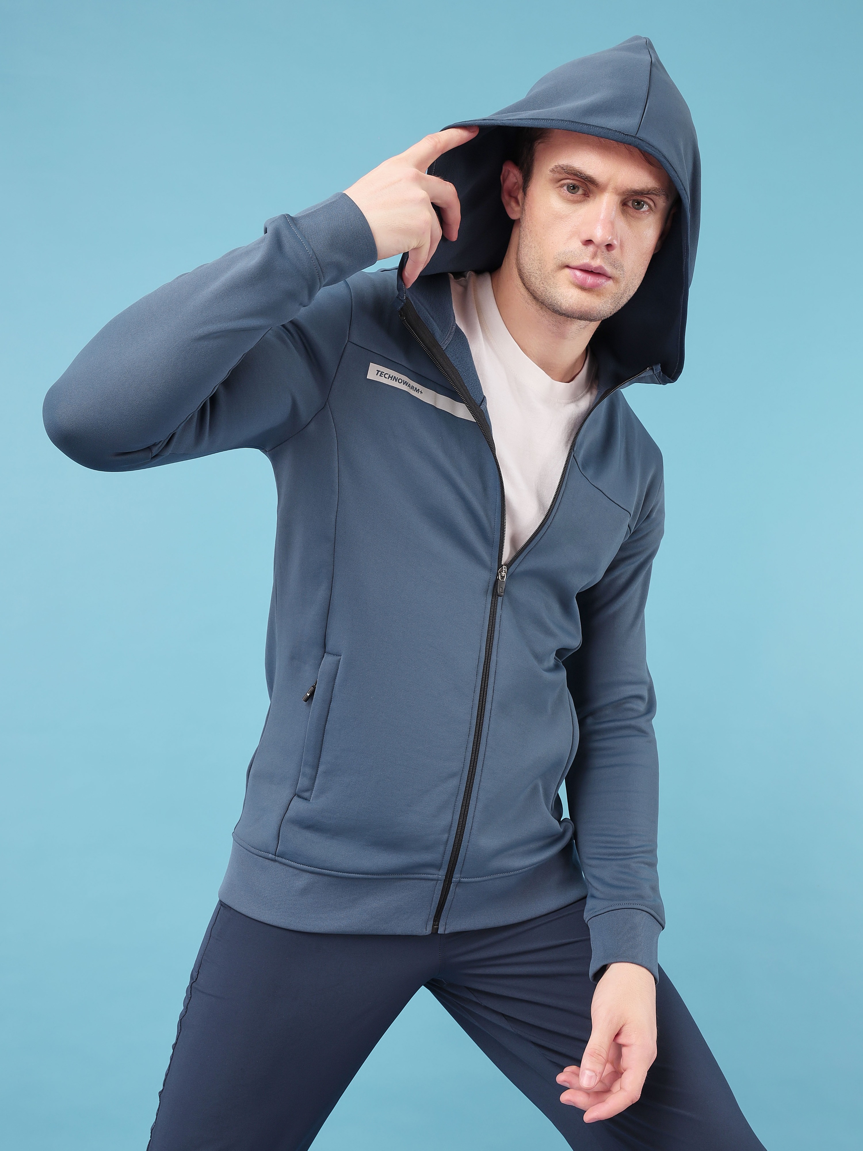 Technosport Men Light Navy Solid Hi-Neck Long Sleeves Slim-Fit Hooded Jacket (5)