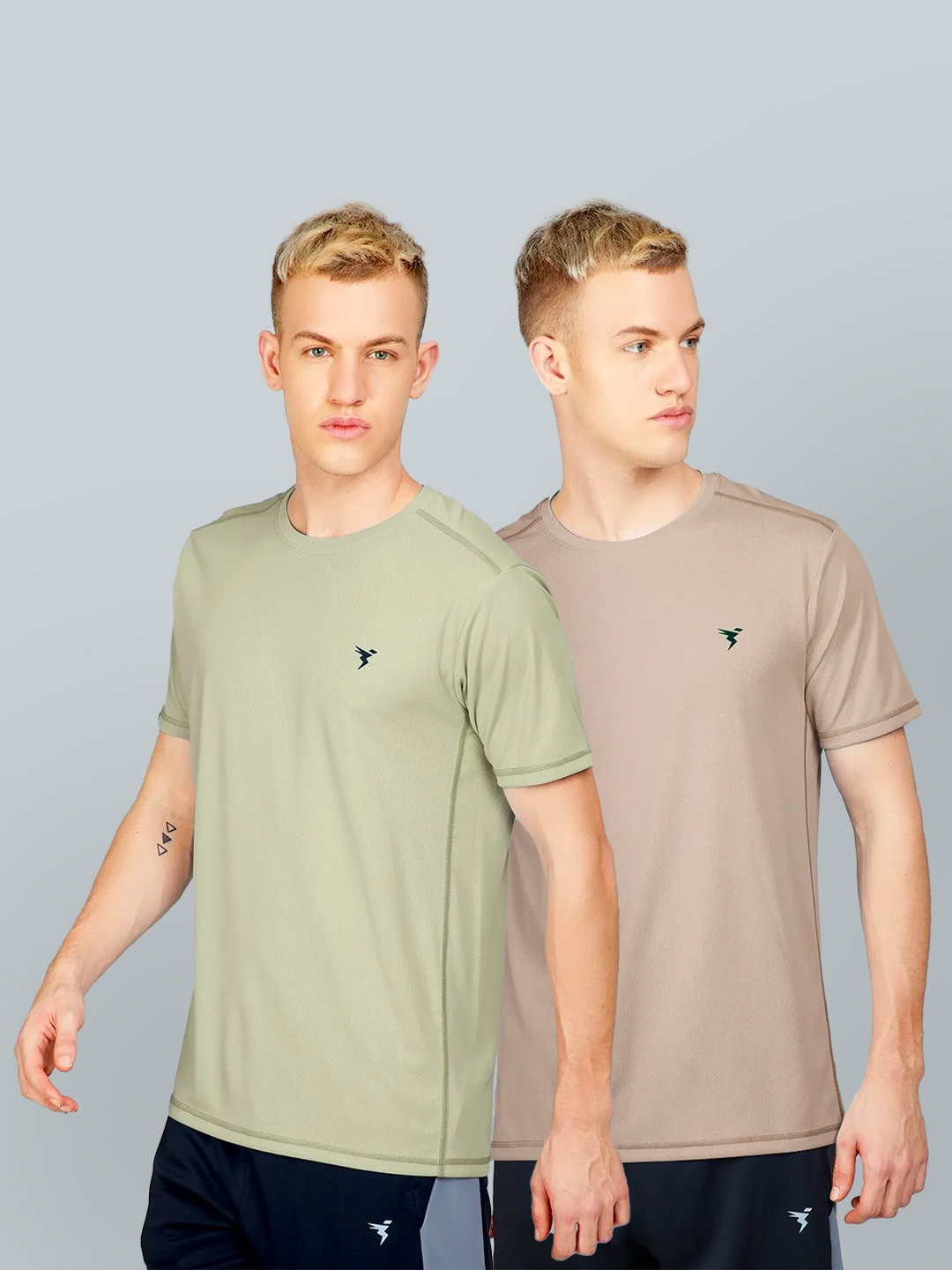Technosport Men Lime Green and Brown Solid Half Sleeves Round Neck Polyester T-Shirt (Pack of 2) (1)