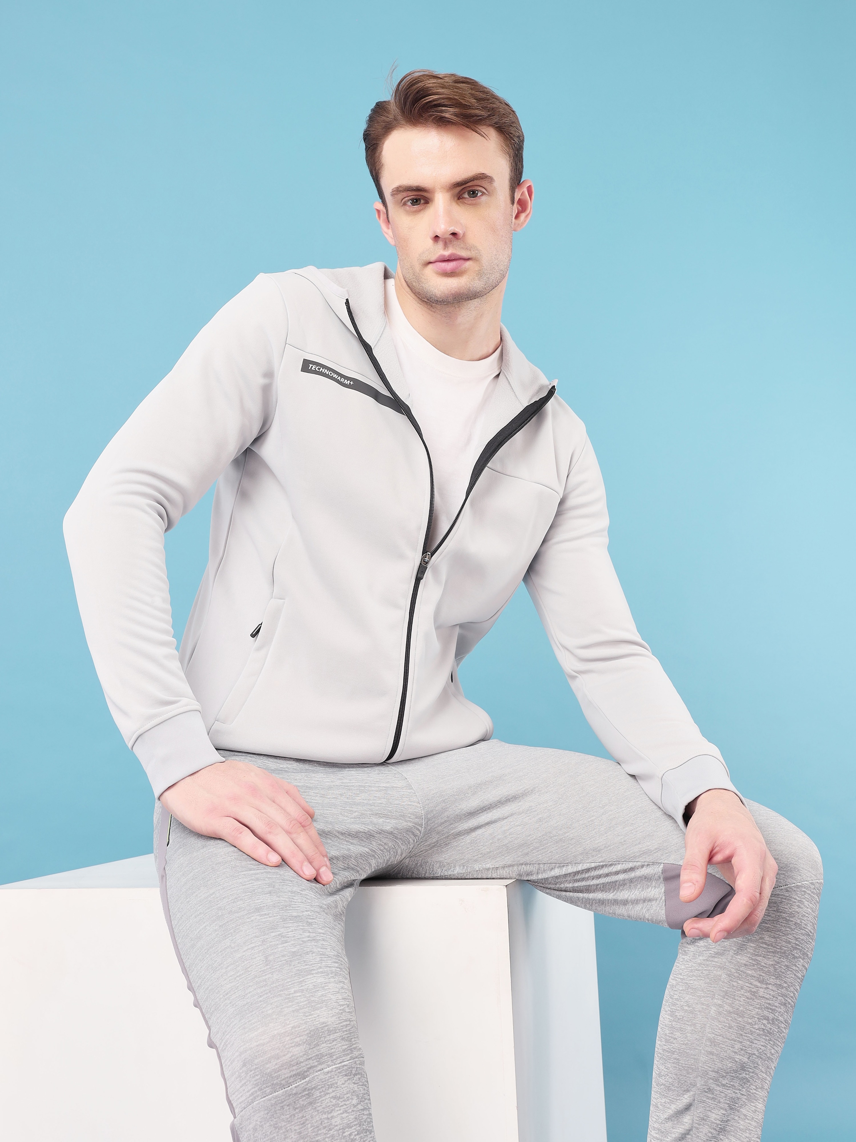 Technosport Men Lunar Grey Solid Hi-Neck Long Sleeves Slim-Fit Hooded Jacket (1)