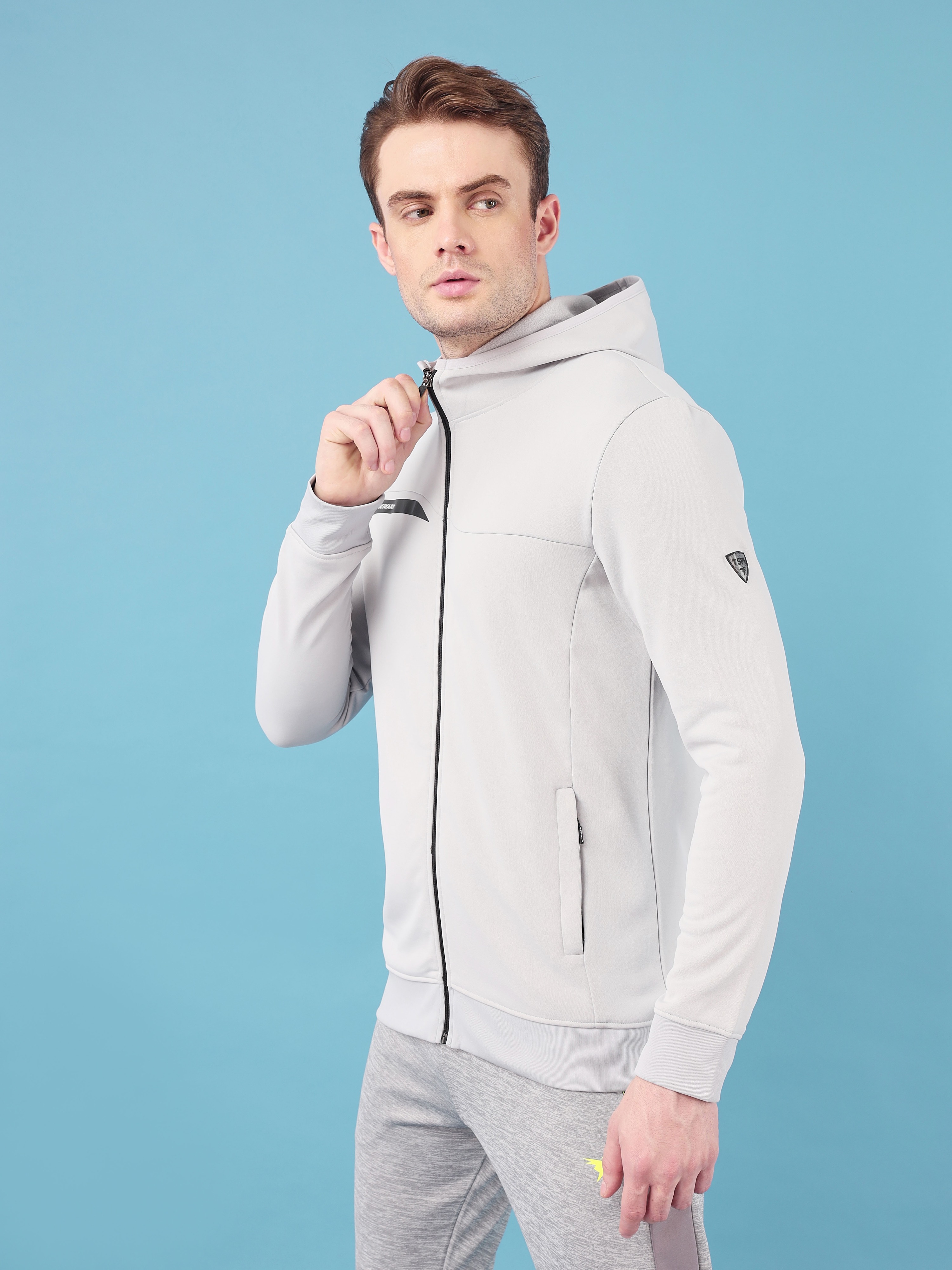 Technosport Men Lunar Grey Solid Hi-Neck Long Sleeves Slim-Fit Hooded Jacket (3)