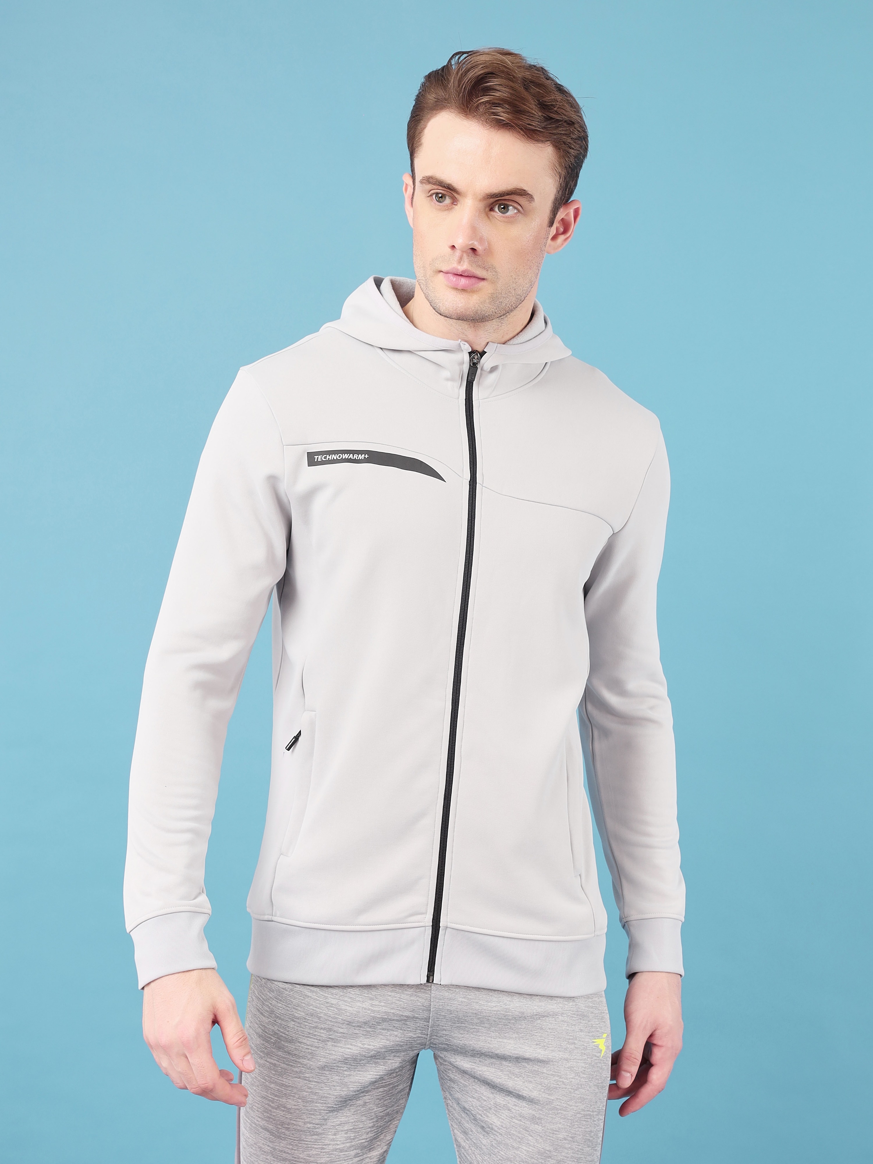 Technosport Men Lunar Grey Solid Hi-Neck Long Sleeves Slim-Fit Hooded Jacket (4)