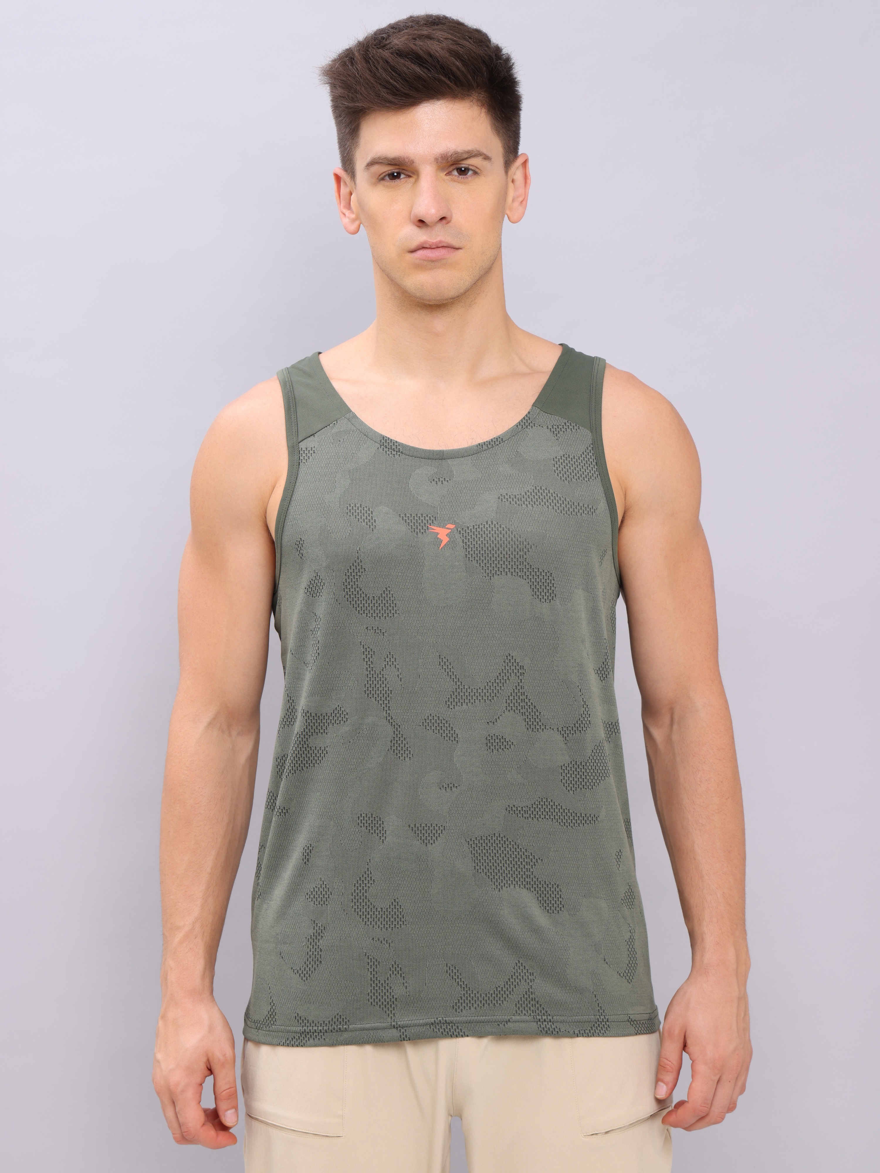 Technosport Men Olive Melange Scoop Neck Sleeveless Polyester Innerwear Gym Vest (1)