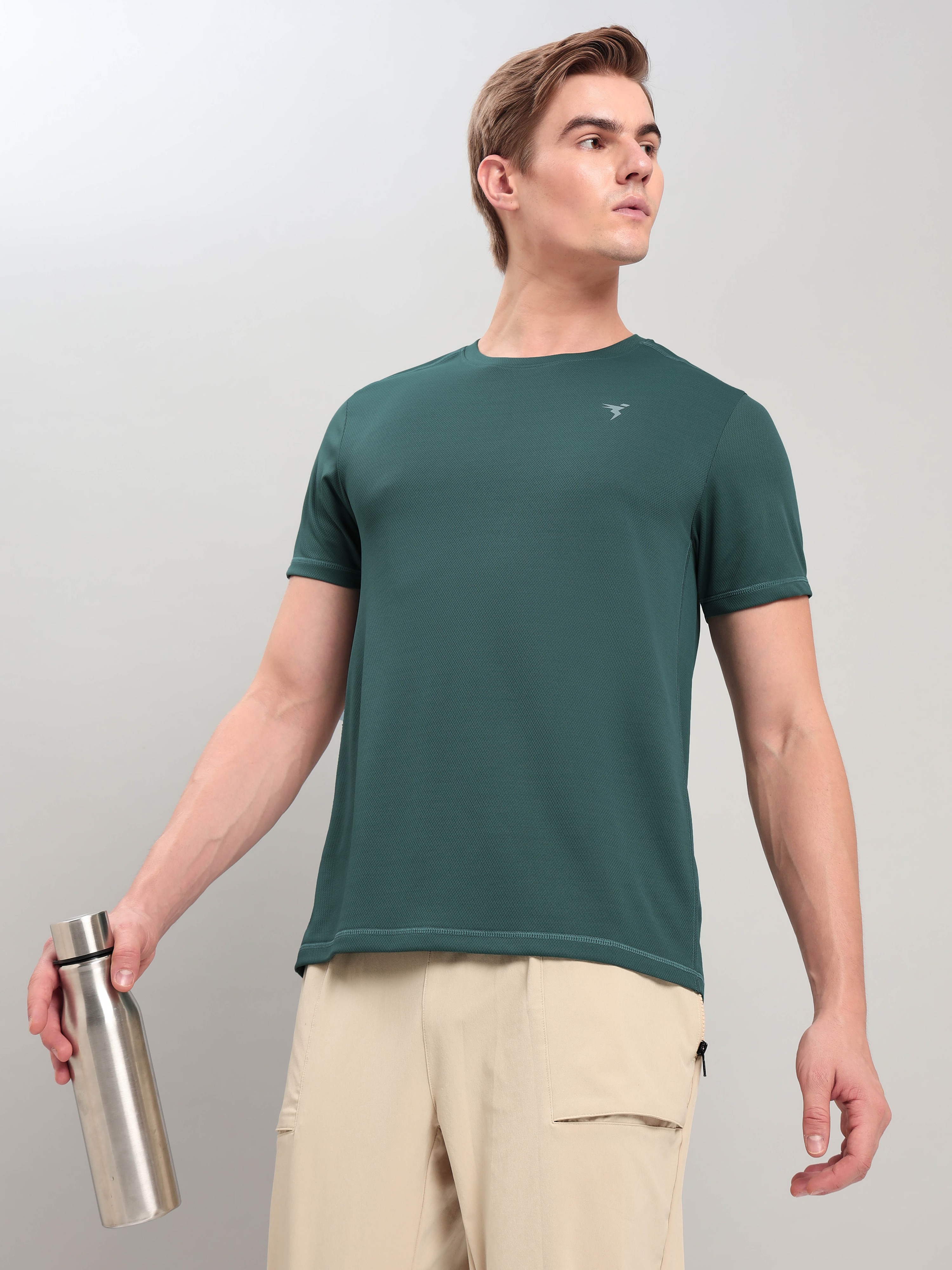 Technosport Men Pine Green Knitted active odour-free Crewneck Half Sleeve T-Shirt