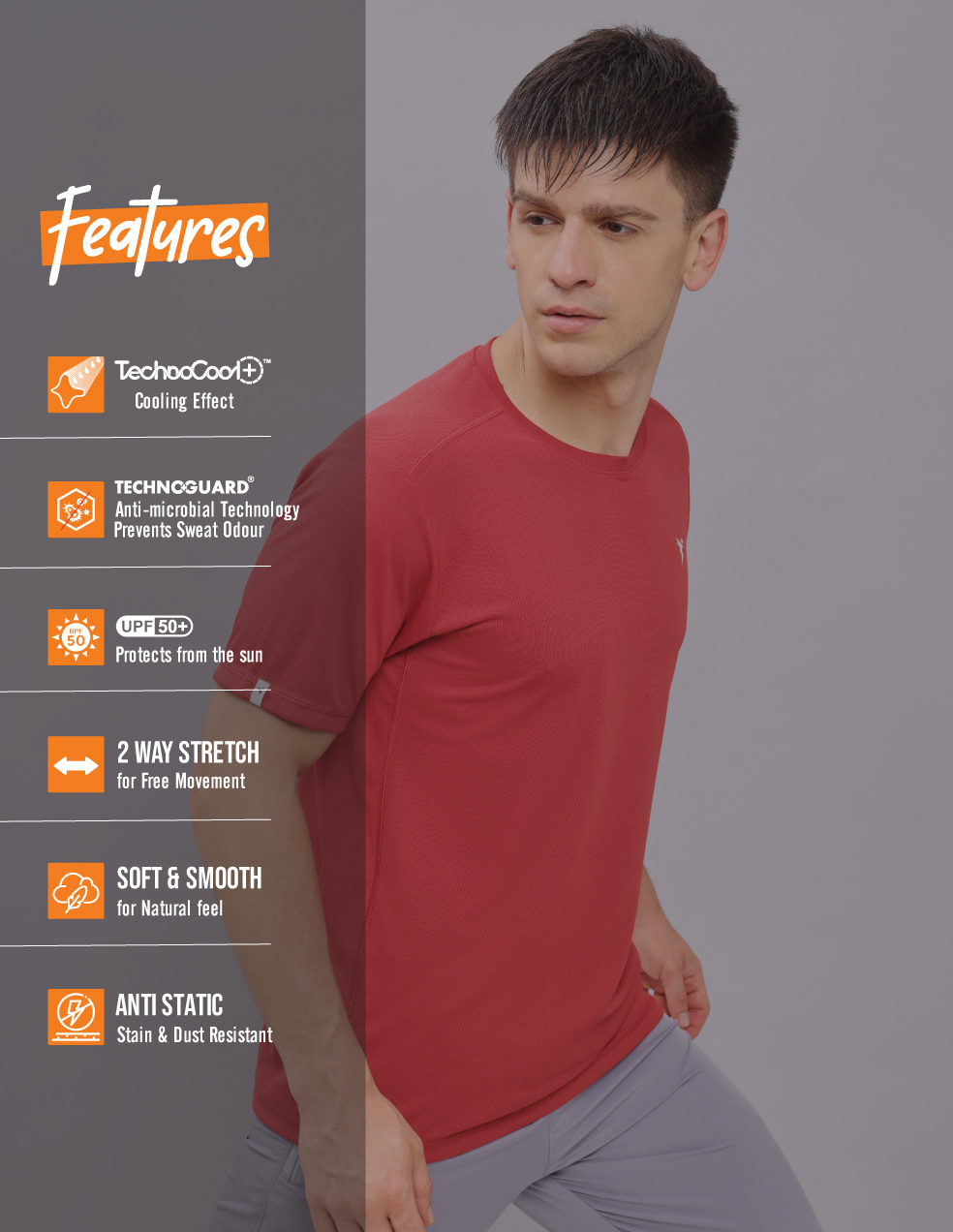 Technosport Men Red Solid Round Neck Half Sleeves Polyester Slim Fit T-Shirt (7)