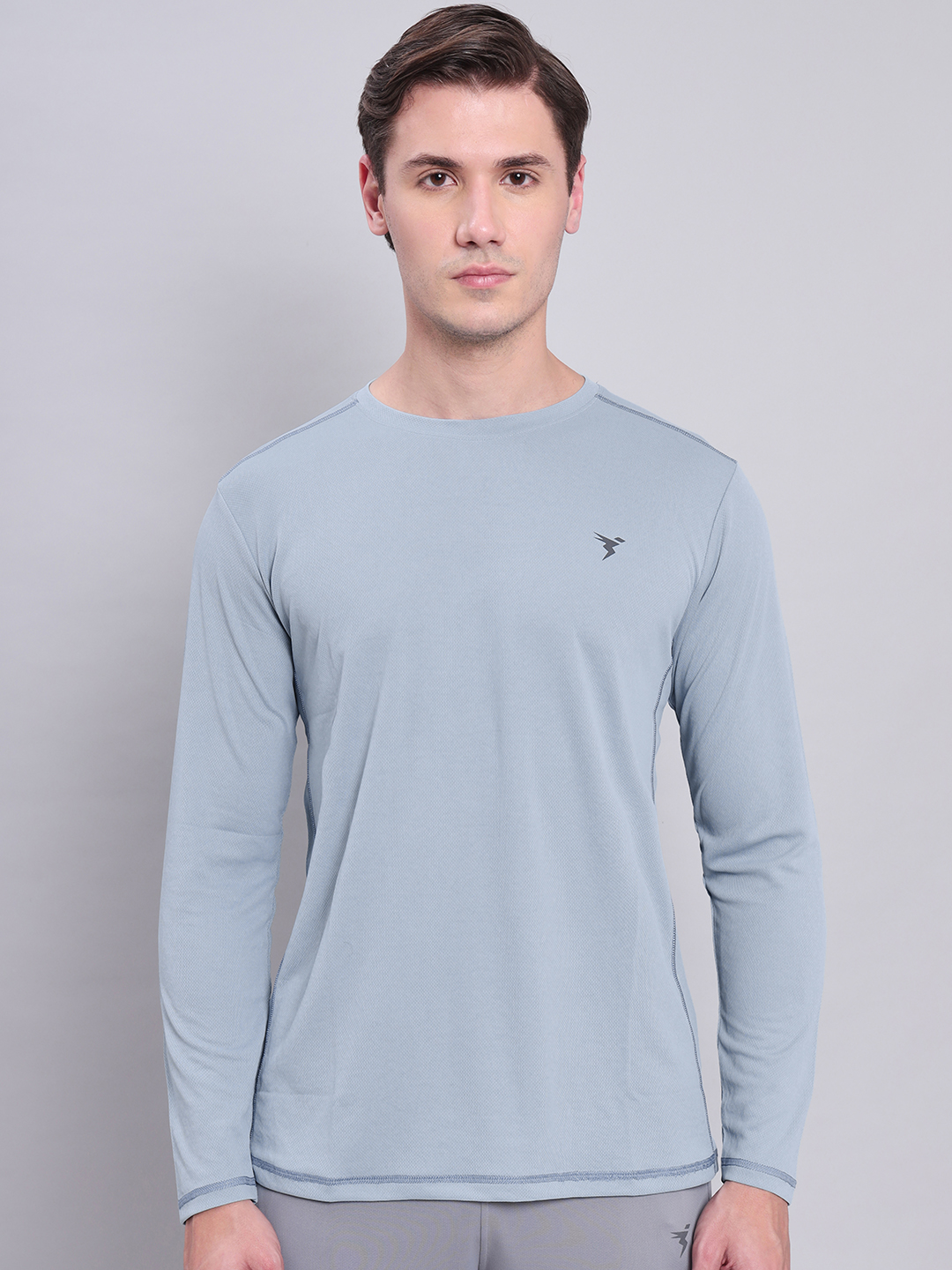 Technosport Men Smoke Blue Crew Neck Solid Full Sleeves T-Shirts (1)