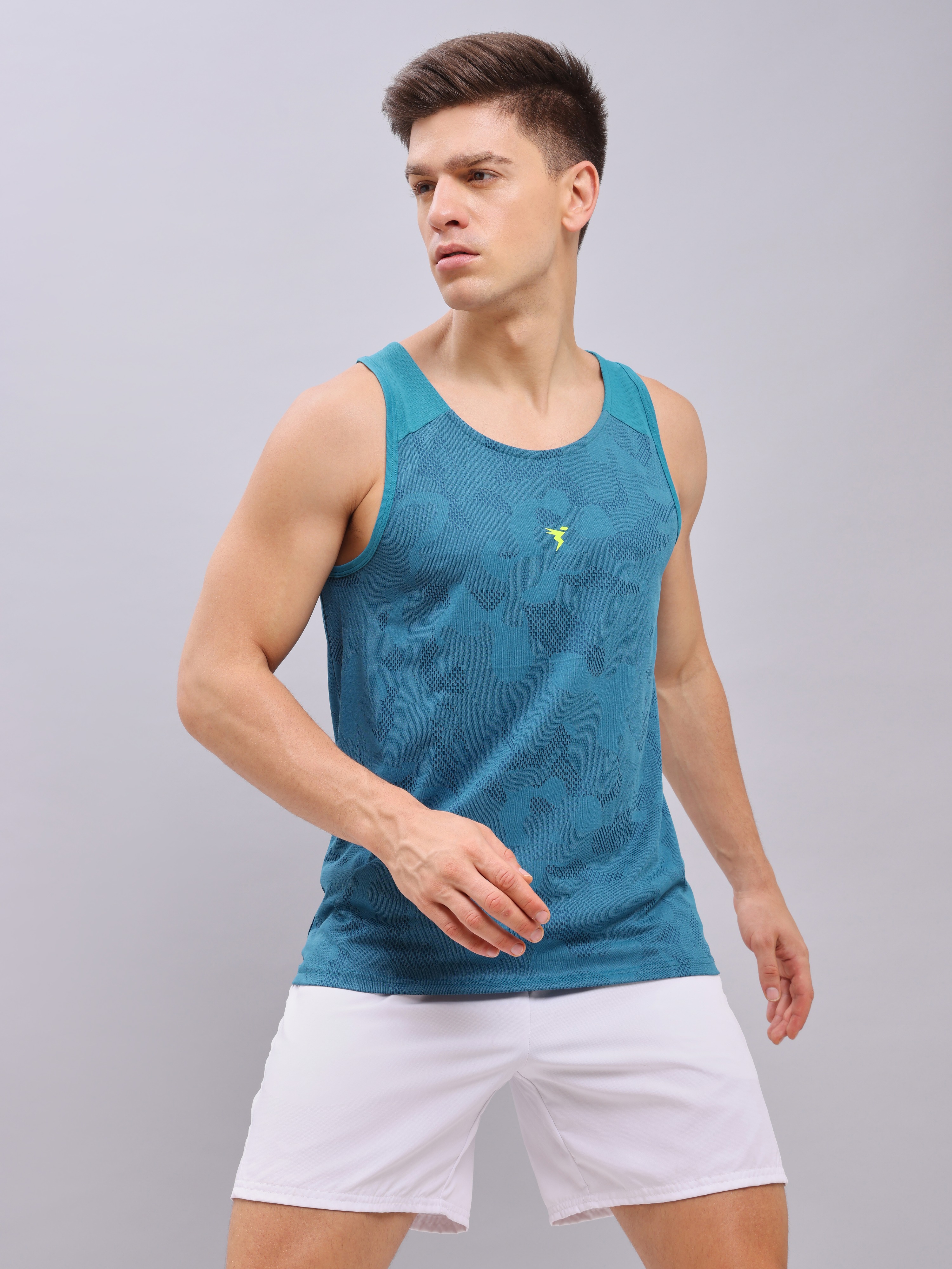 Technosport Men Teal Melange Scoop Neck Sleeveless Polyester Innwerwear Gym Vest (5)