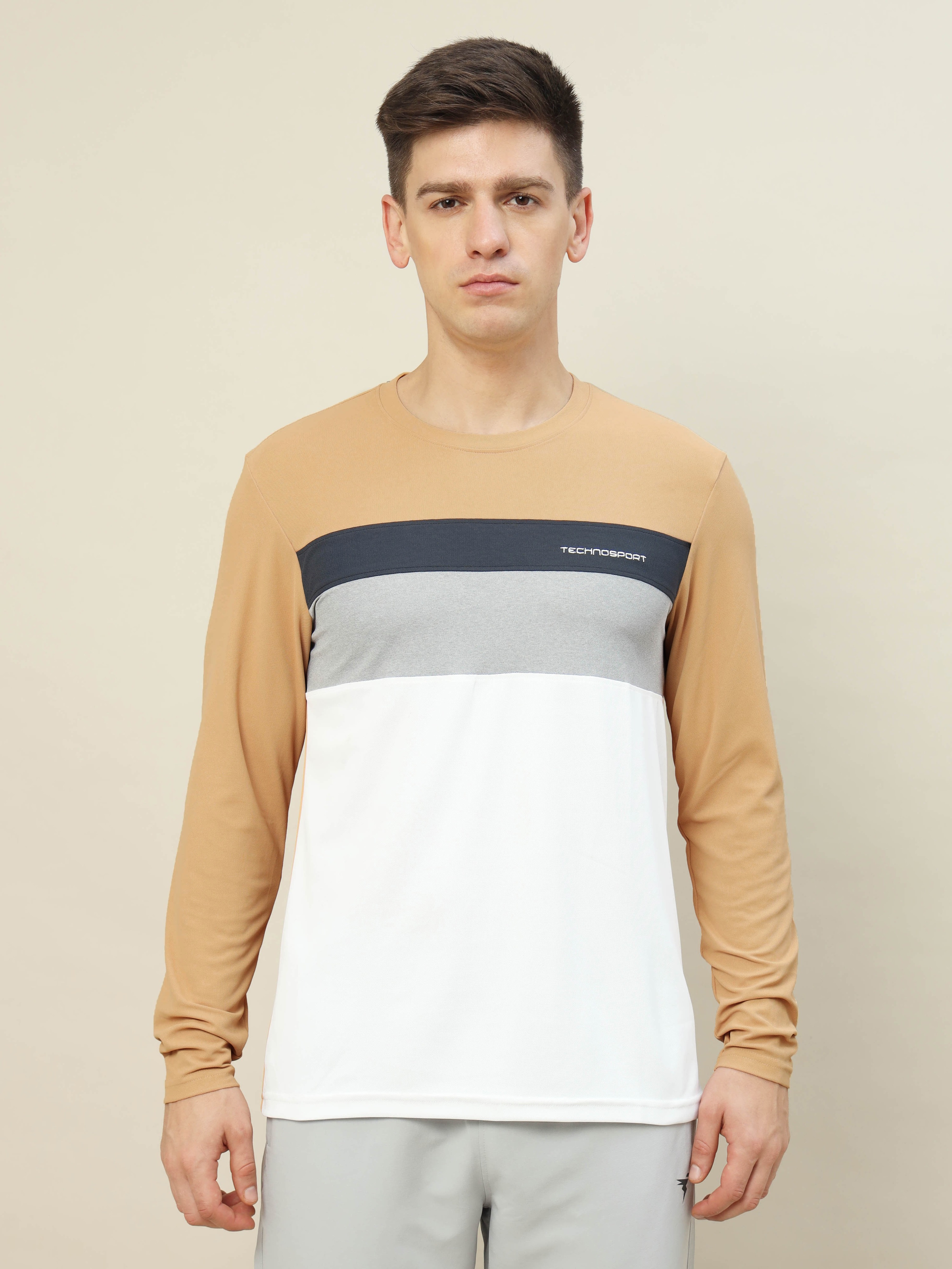 Men Yellow & White Colourblocked Full Sleeves Round Neck Slim Fit Polyester T-Shirt