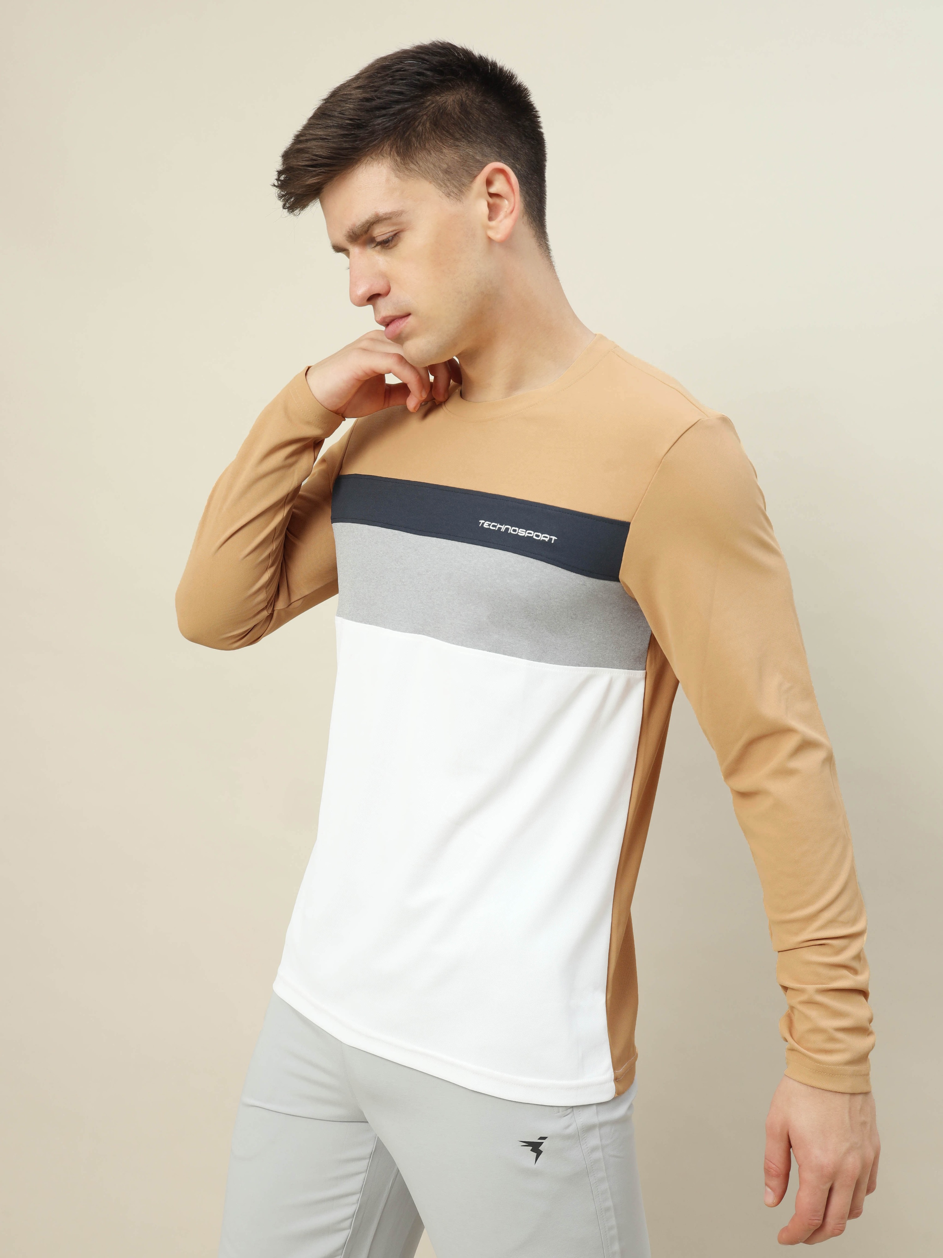 Technosport Men Yellow & White Colourblocked Full Sleeves Round Neck Slim Fit Polyester T-Shirt (3)