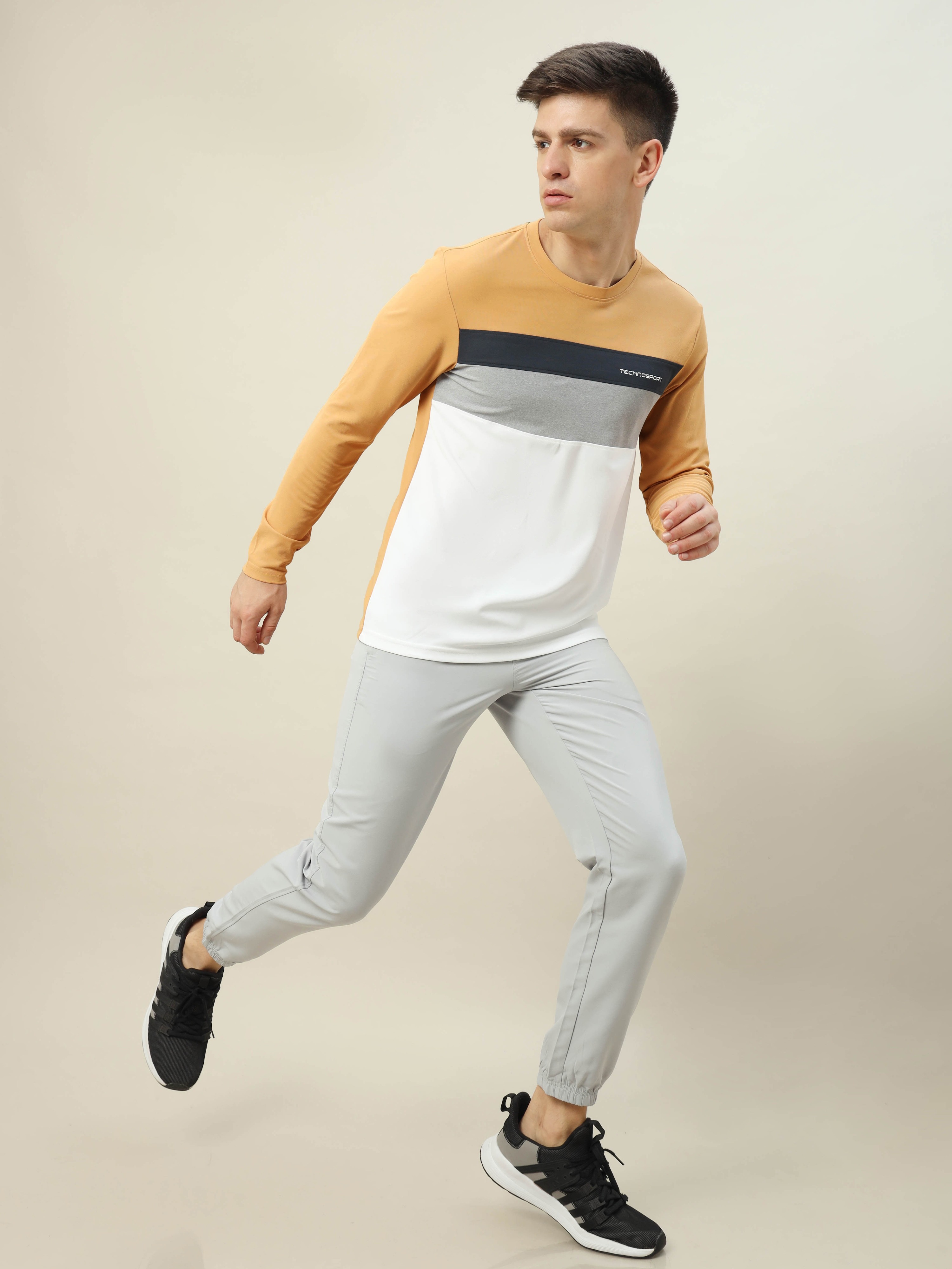 Technosport Men Yellow & White Colourblocked Full Sleeves Round Neck Slim Fit Polyester T-Shirt (6)