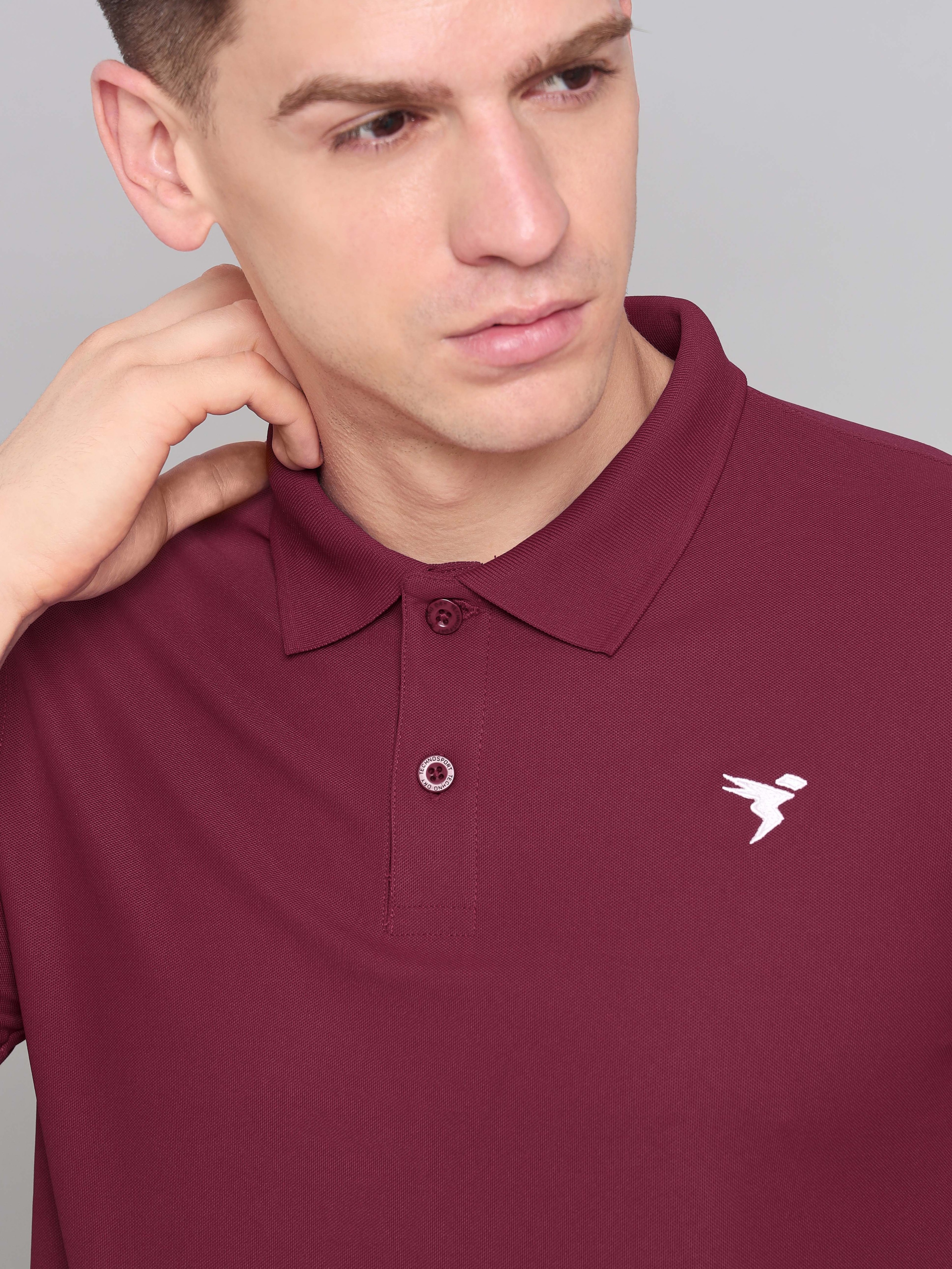 Technosport Mens Knitted active odour-free Half Sleeve Polo Collar T-shirt - Berry Red (13)