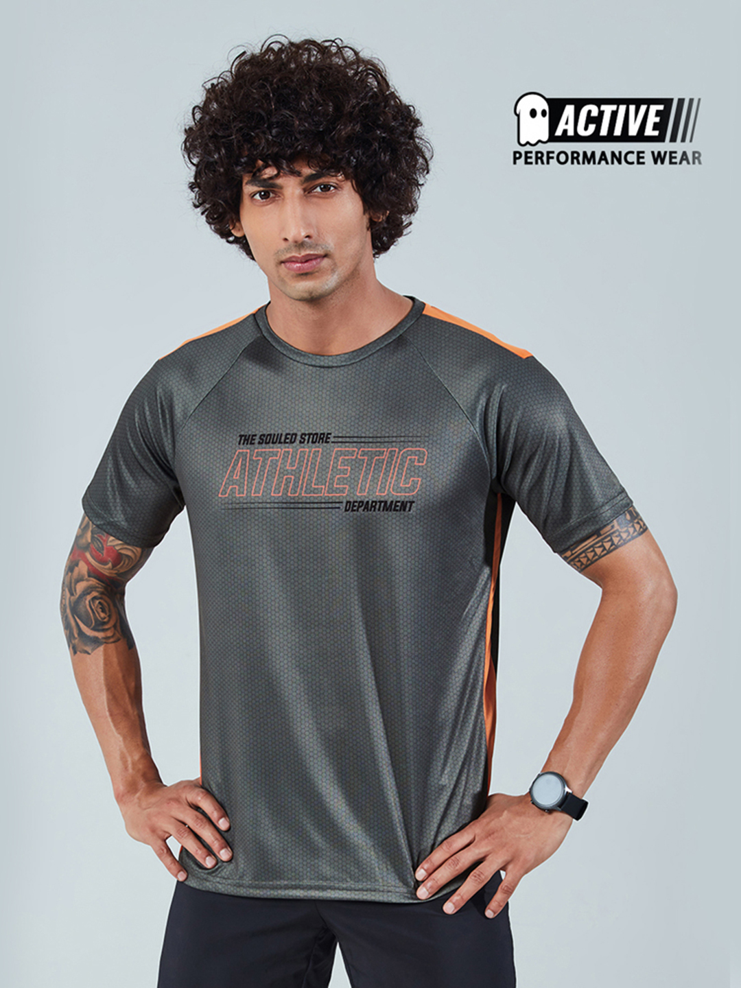 The Souled Store Men Grey and Orange Printed Round Neck T-Shirts (1)