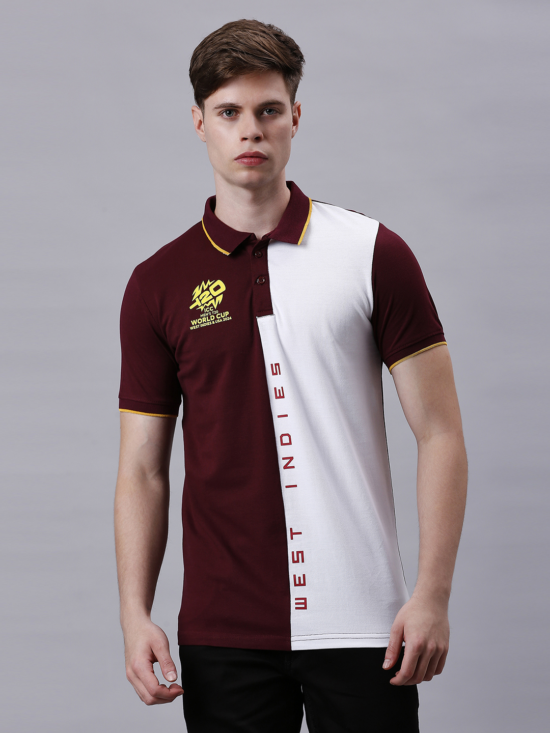 West Indies ICC Men's T20 WC-24 Maroon and White Colourblocked Half Sleeves Polo Collar Cotton T-Shirt (1)