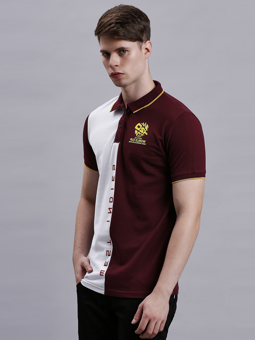 West Indies ICC Men's T20 WC-24 Maroon and White Colourblocked Half Sleeves Polo Collar Cotton T-Shirt (2)