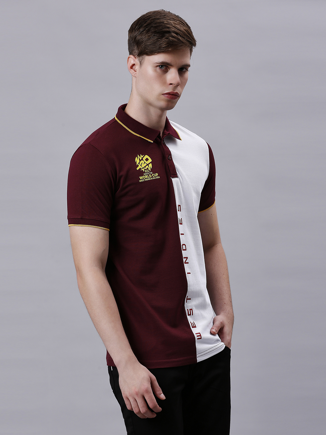 West Indies ICC Men's T20 WC-24 Maroon and White Colourblocked Half Sleeves Polo Collar Cotton T-Shirt (3)