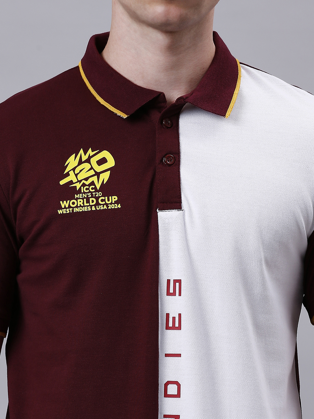 West Indies ICC Men's T20 WC-24 Maroon and White Colourblocked Half Sleeves Polo Collar Cotton T-Shirt (5)