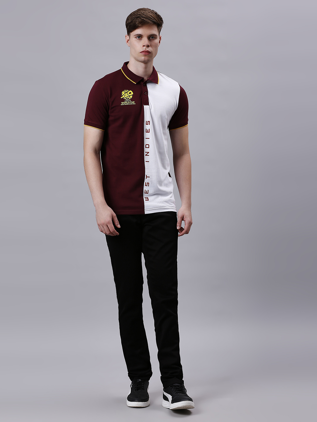 West Indies ICC Men's T20 WC-24 Maroon and White Colourblocked Half Sleeves Polo Collar Cotton T-Shirt (6)