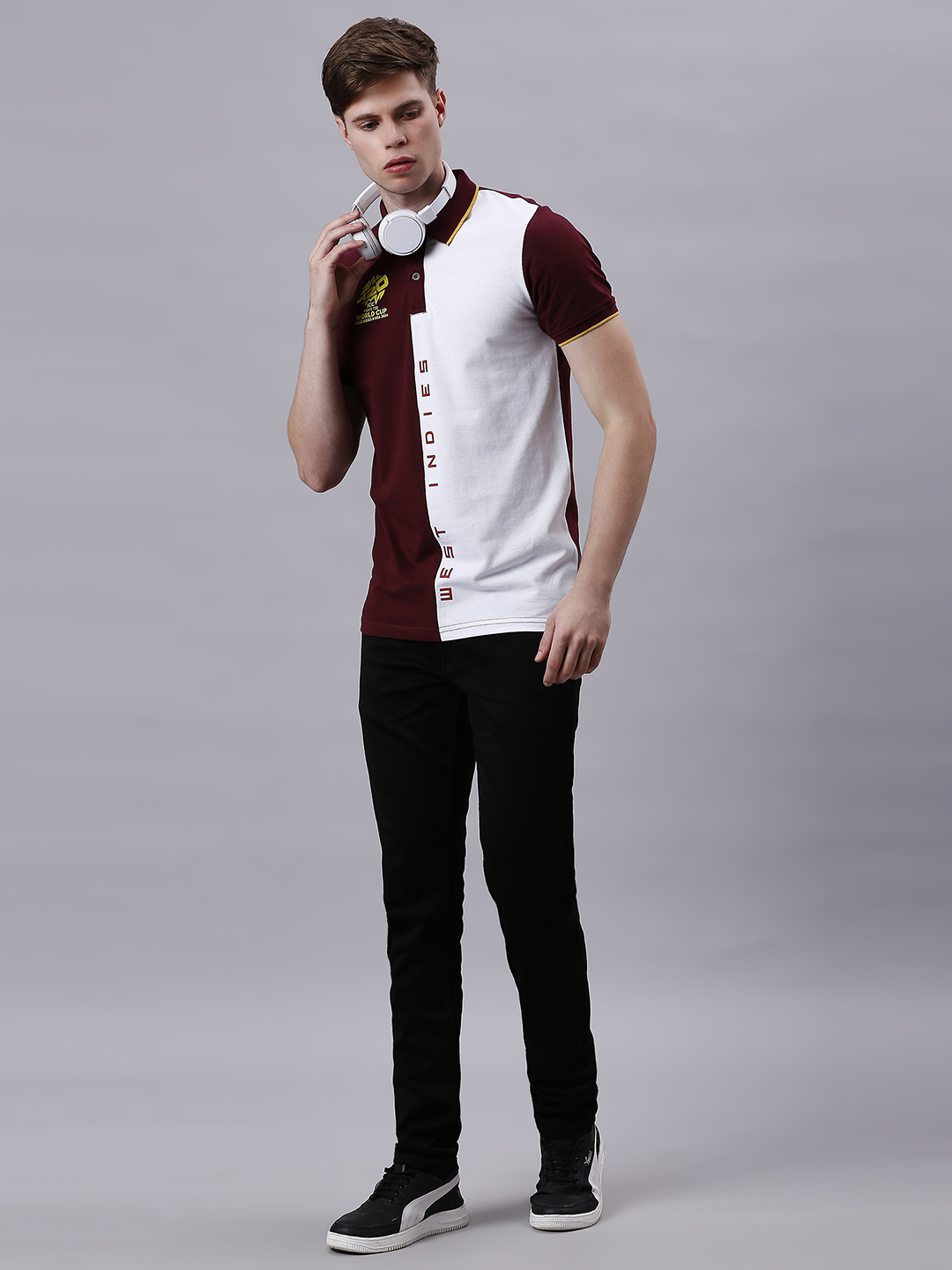 West Indies ICC Men's T20 WC-24 Maroon and White Colourblocked Half Sleeves Polo Collar Cotton T-Shirt (7)