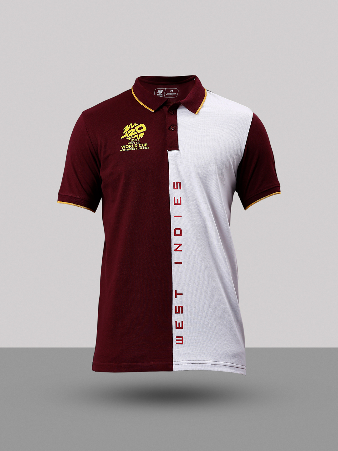 West Indies ICC Men's T20 WC-24 Maroon and White Colourblocked Half Sleeves Polo Collar Cotton T-Shirt (8)