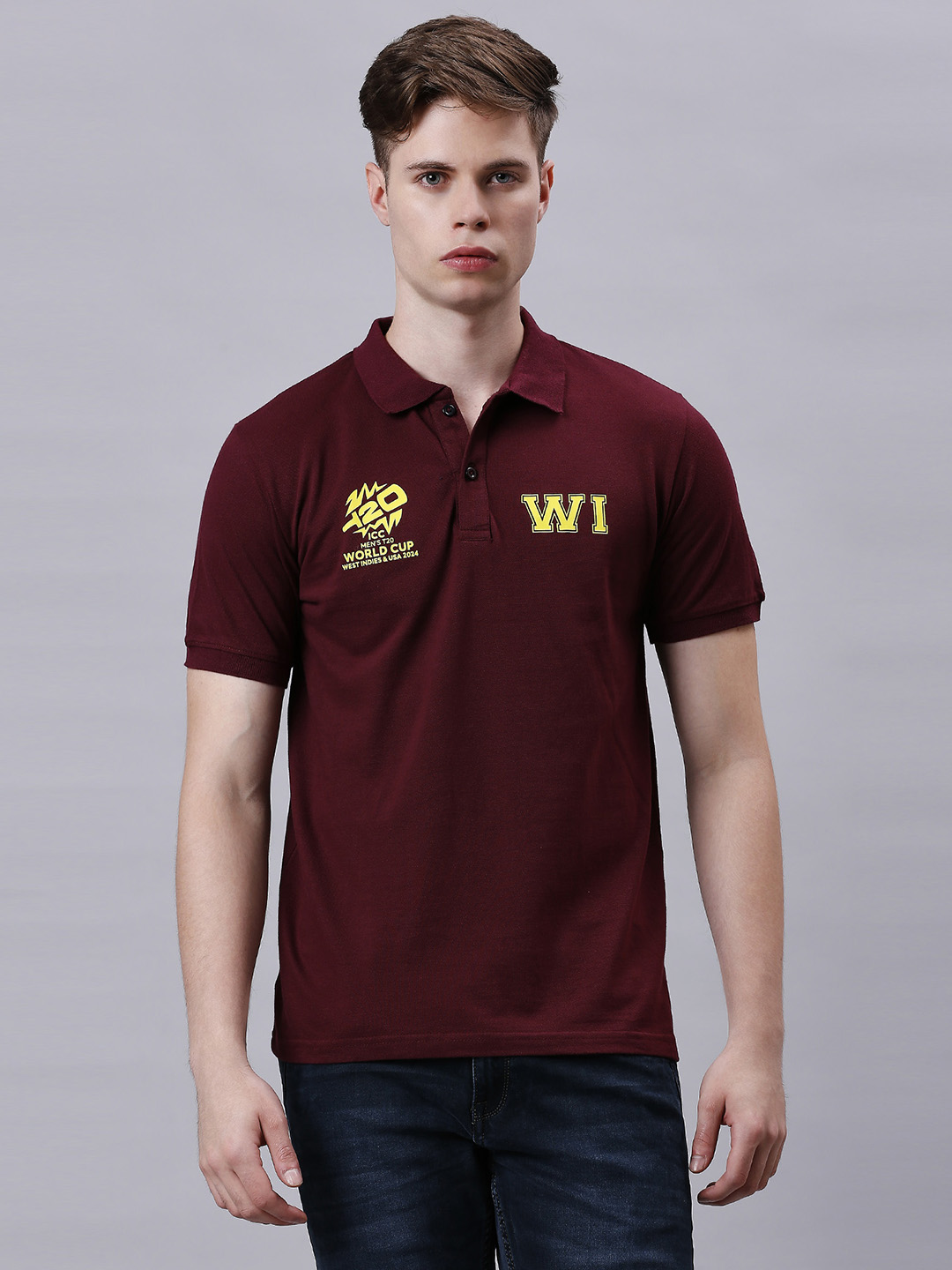 West Indies ICC Men's T20 WC-24 Maroon Logo Printed Half Sleeves Polo Collar Cotton T-Shirt (1)