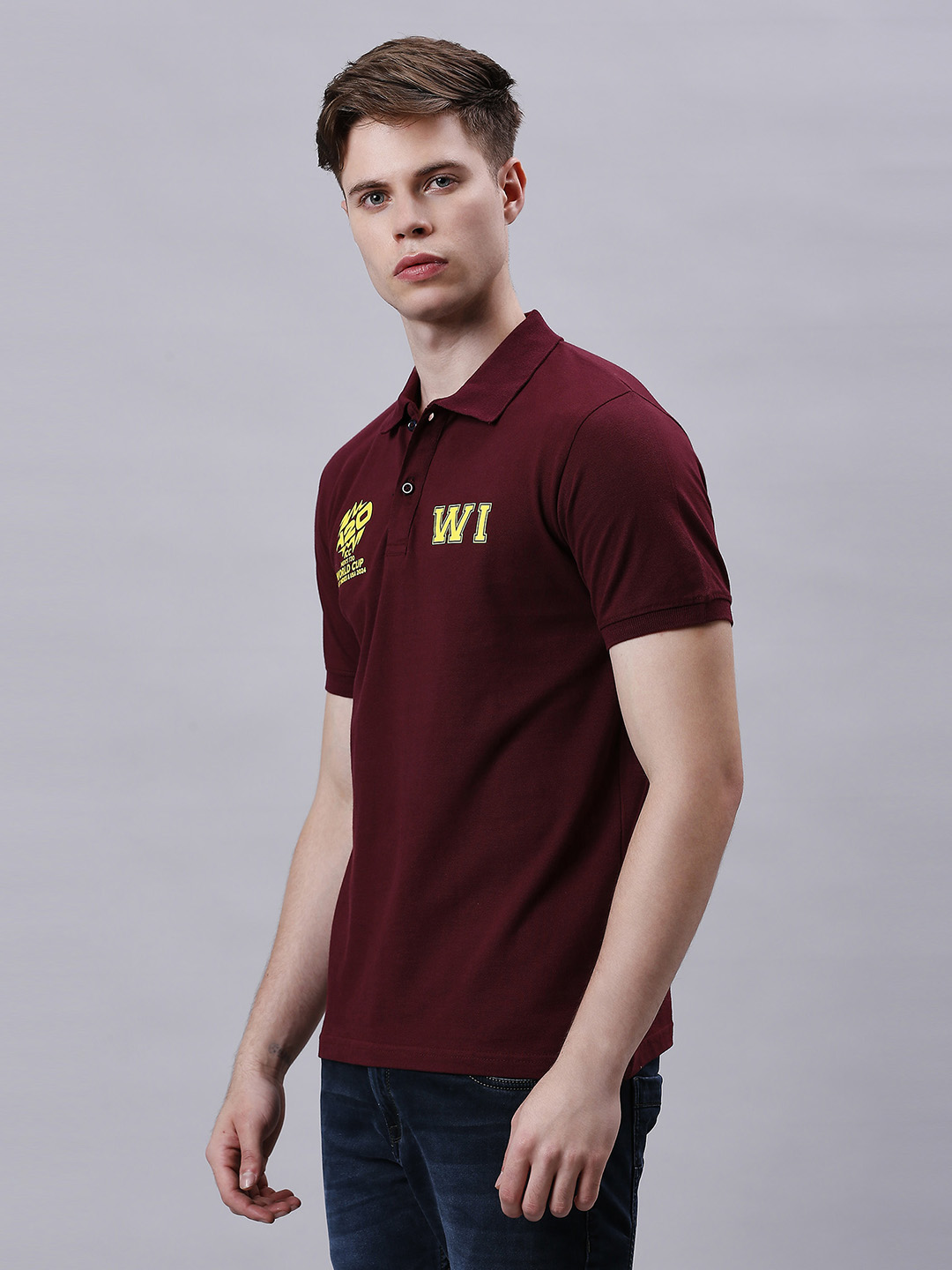 West Indies ICC Men's T20 WC-24 Maroon Logo Printed Half Sleeves Polo Collar Cotton T-Shirt (2)