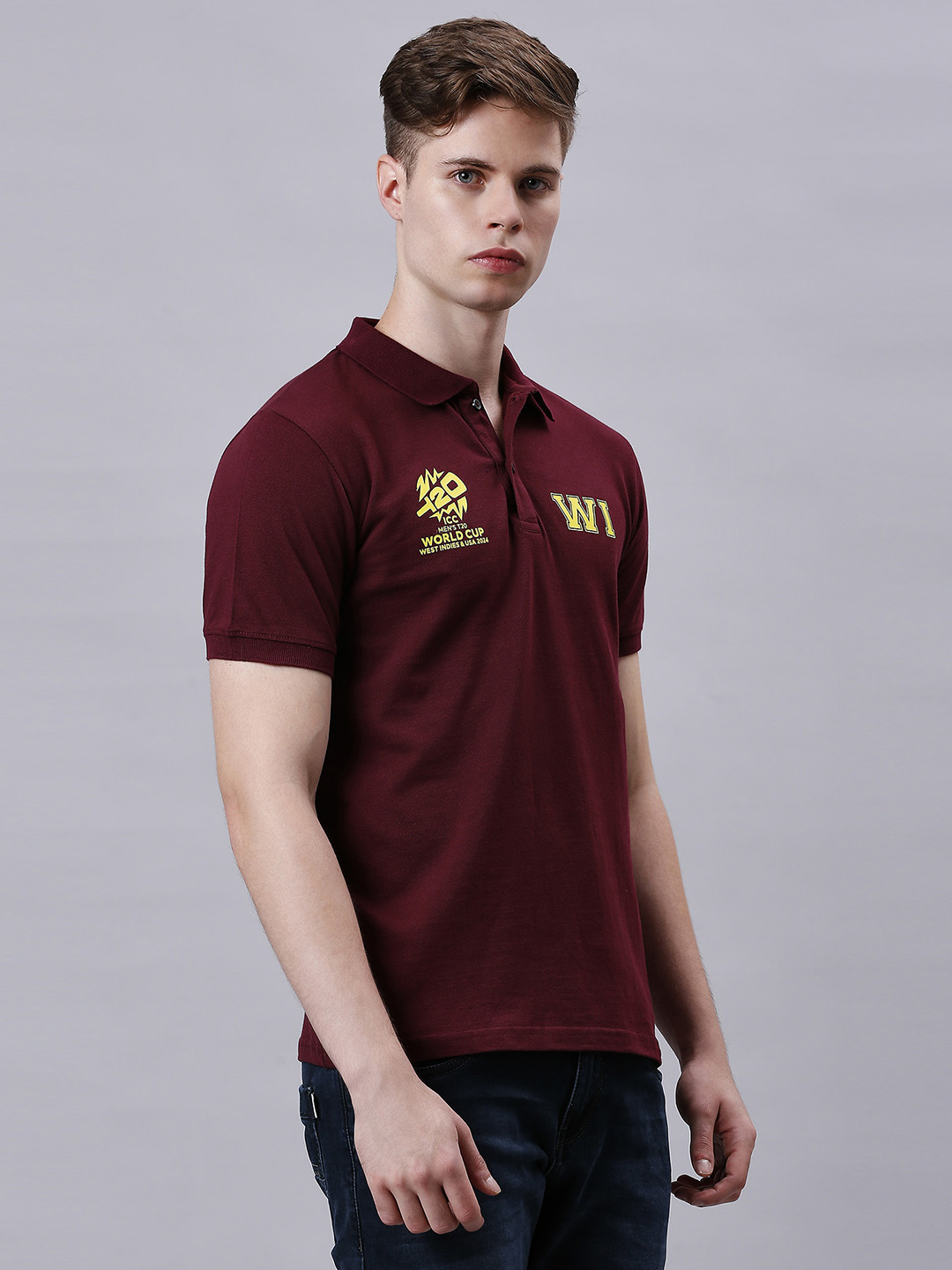 West Indies ICC Men's T20 WC-24 Maroon Logo Printed Half Sleeves Polo Collar Cotton T-Shirt (3)