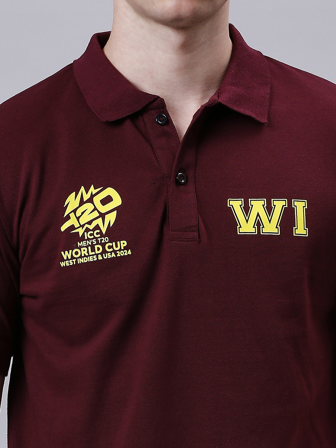 West Indies ICC Men's T20 WC-24 Maroon Logo Printed Half Sleeves Polo Collar Cotton T-Shirt (5)