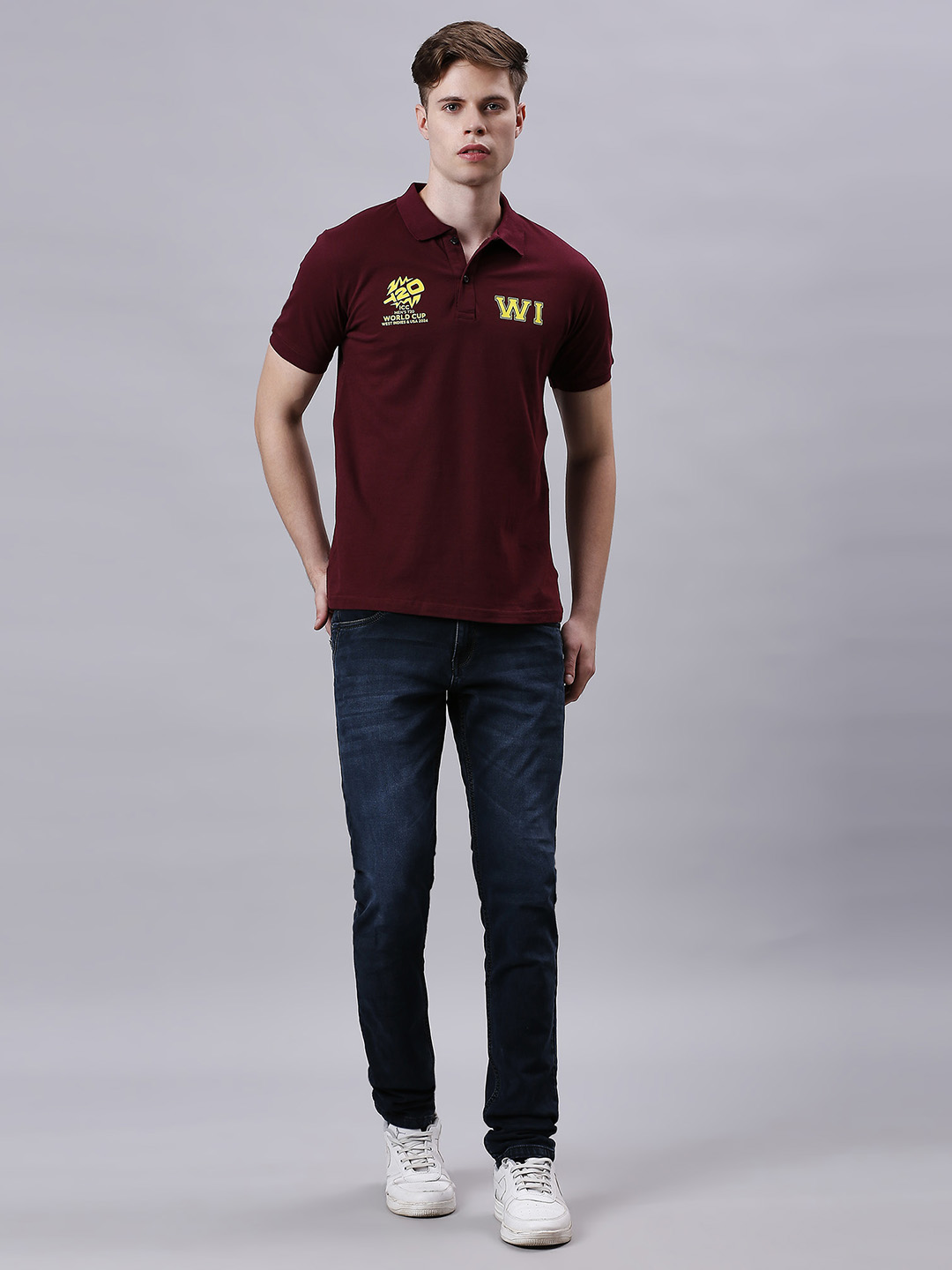 West Indies ICC Men's T20 WC-24 Maroon Logo Printed Half Sleeves Polo Collar Cotton T-Shirt (6)