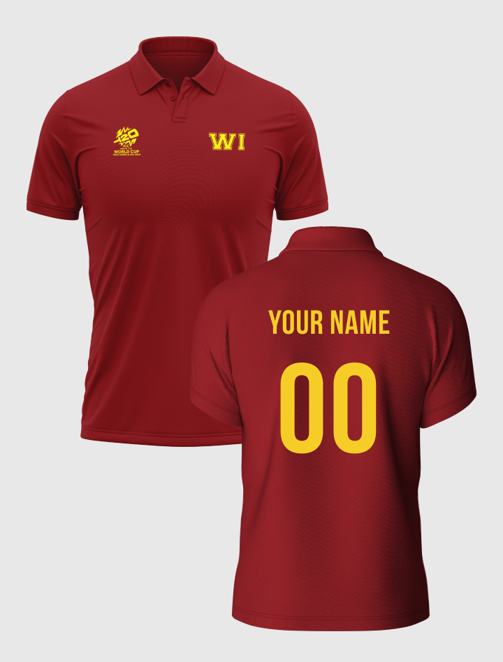 West Indies ICC Men's T20 WC-24 Maroon Logo Printed Half Sleeves Polo Collar Cotton T-Shirt - Customised (2)