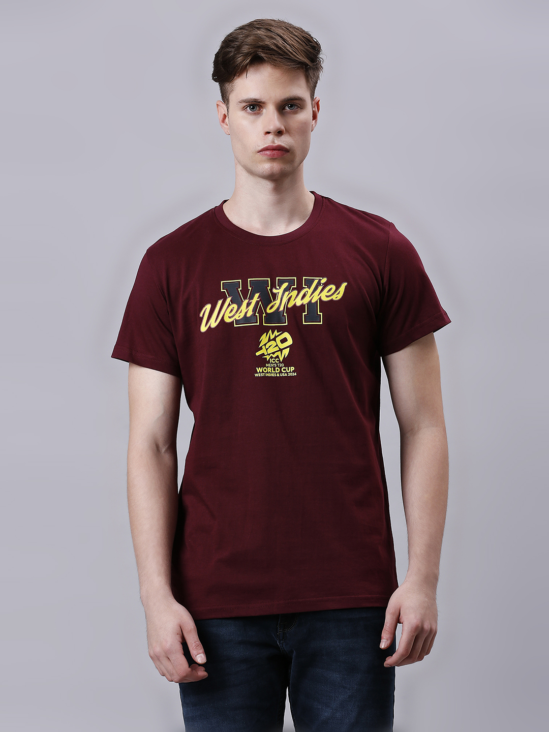 West Indies ICC Men's T20 WC-24 Wine Graphic Printed Half Sleeves Round Neck Cotton T-Shirt (1)