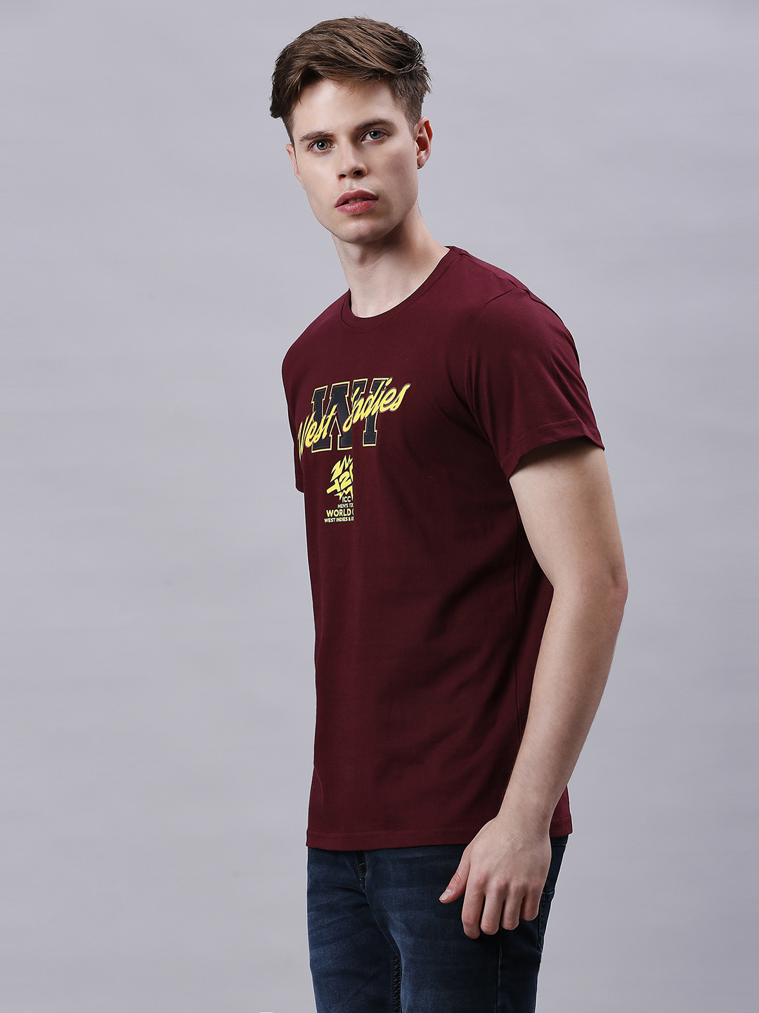 West Indies ICC Men's T20 WC-24 Wine Graphic Printed Half Sleeves Round Neck Cotton T-Shirt (2)