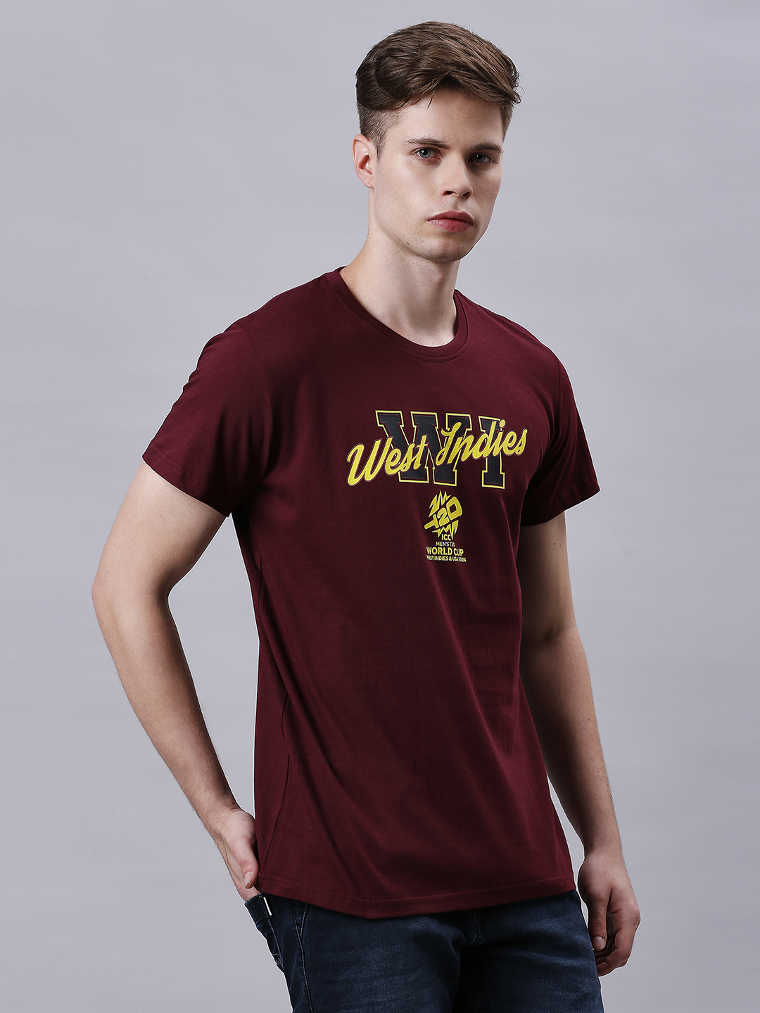 West Indies ICC Men's T20 WC-24 Wine Graphic Printed Half Sleeves Round Neck Cotton T-Shirt (3)