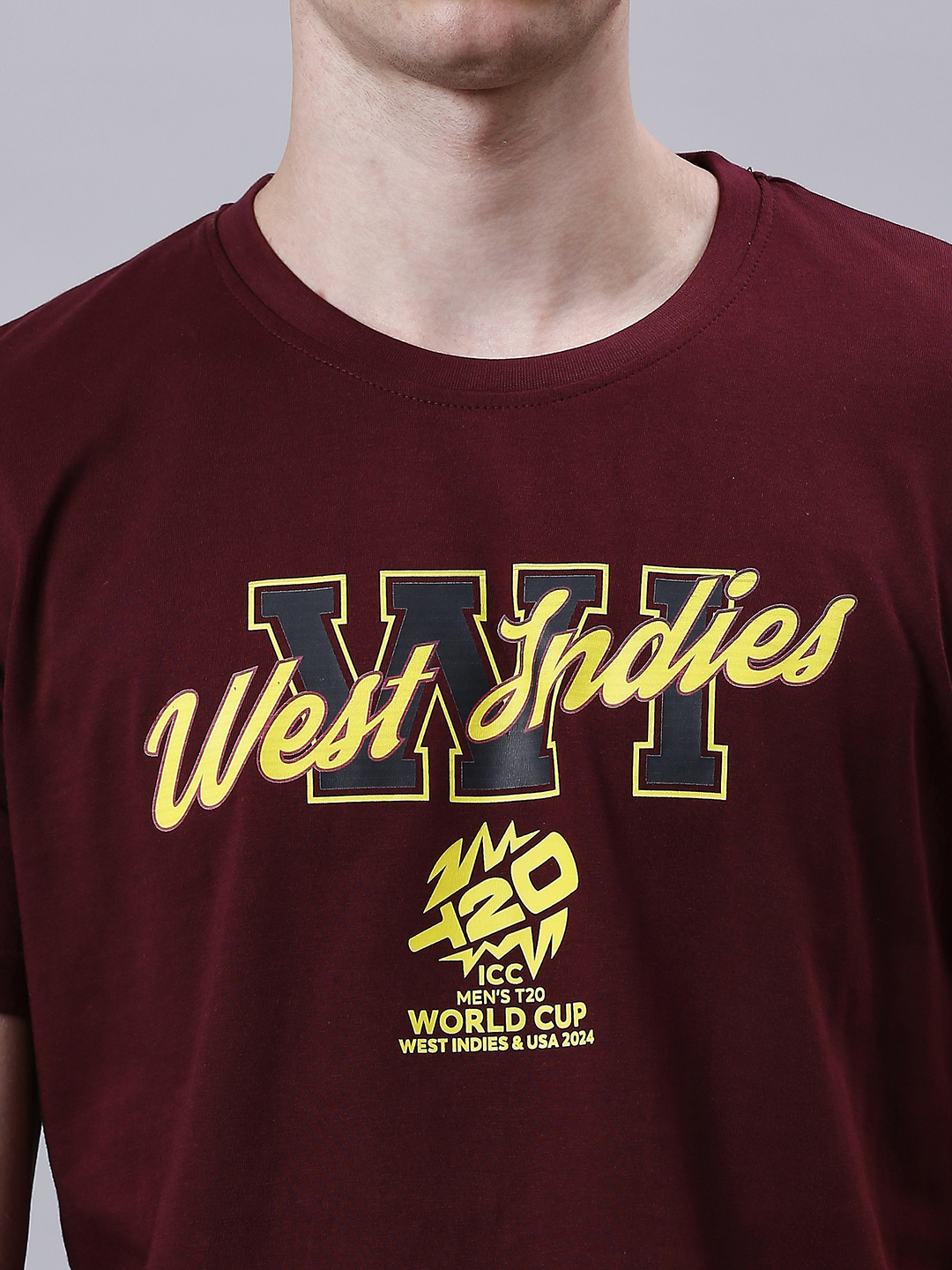 West Indies ICC Men's T20 WC-24 Wine Graphic Printed Half Sleeves Round Neck Cotton T-Shirt (5)
