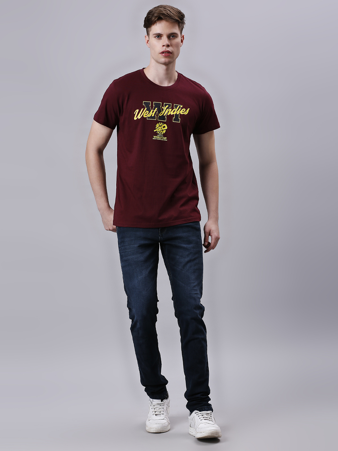 West Indies ICC Men's T20 WC-24 Wine Graphic Printed Half Sleeves Round Neck Cotton T-Shirt (6)