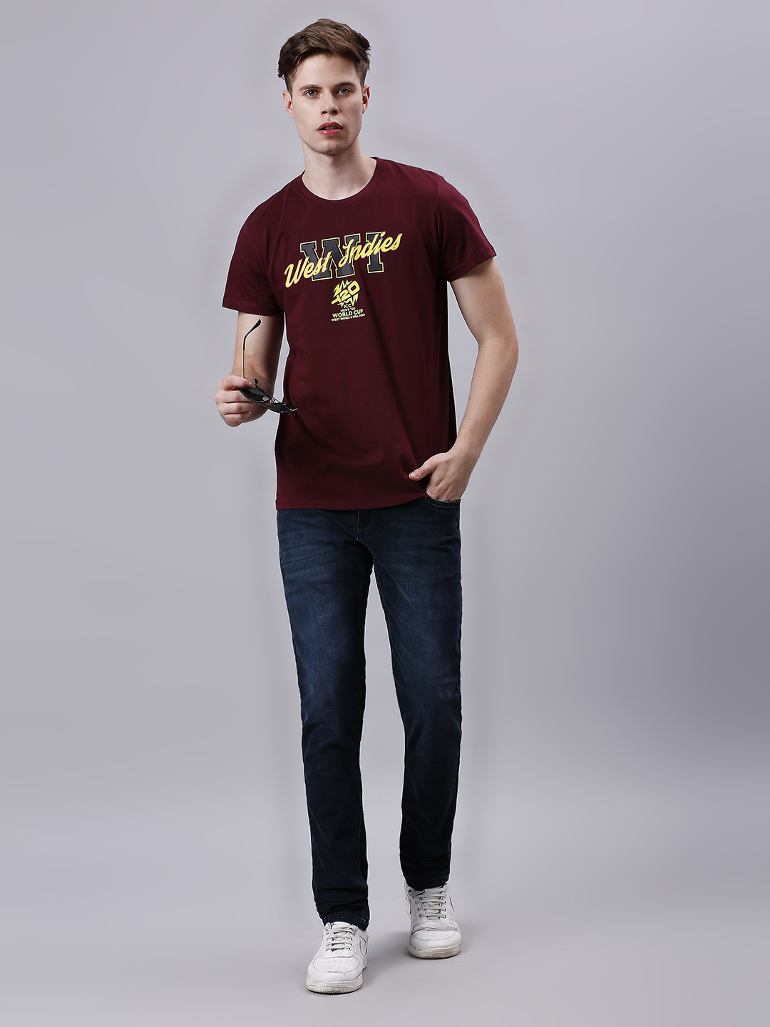 West Indies ICC Men's T20 WC-24 Wine Graphic Printed Half Sleeves Round Neck Cotton T-Shirt (7)