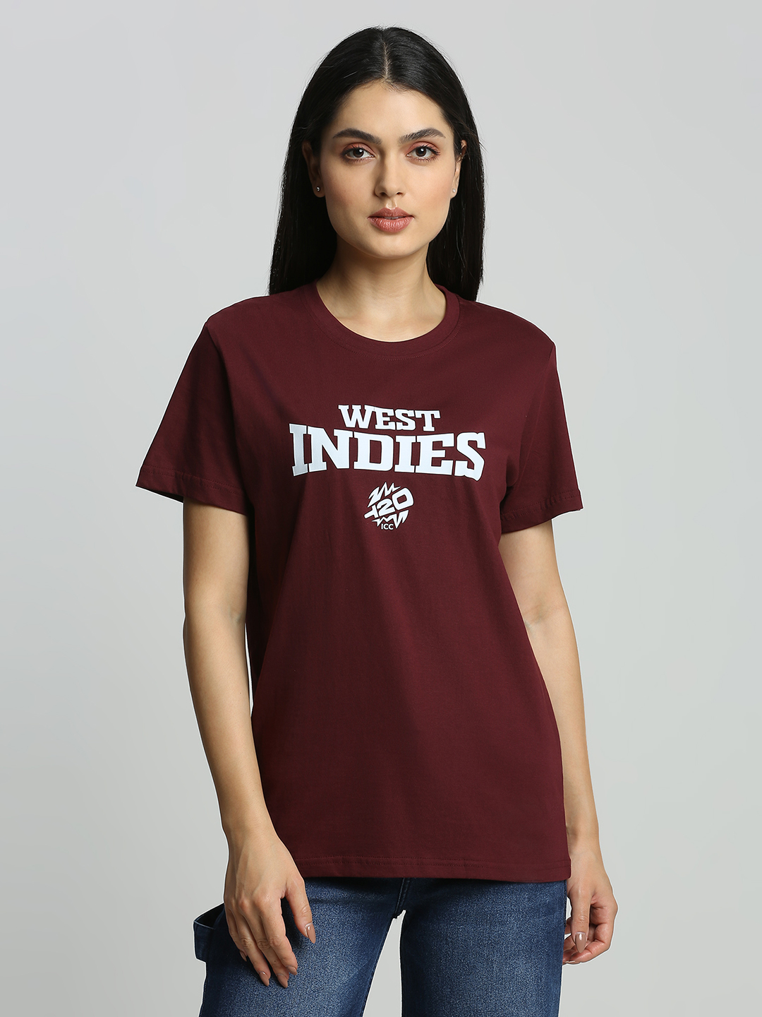 West Indies Unisex Maroon Printed Half Sleeves Round Neck Cotton T-shirt