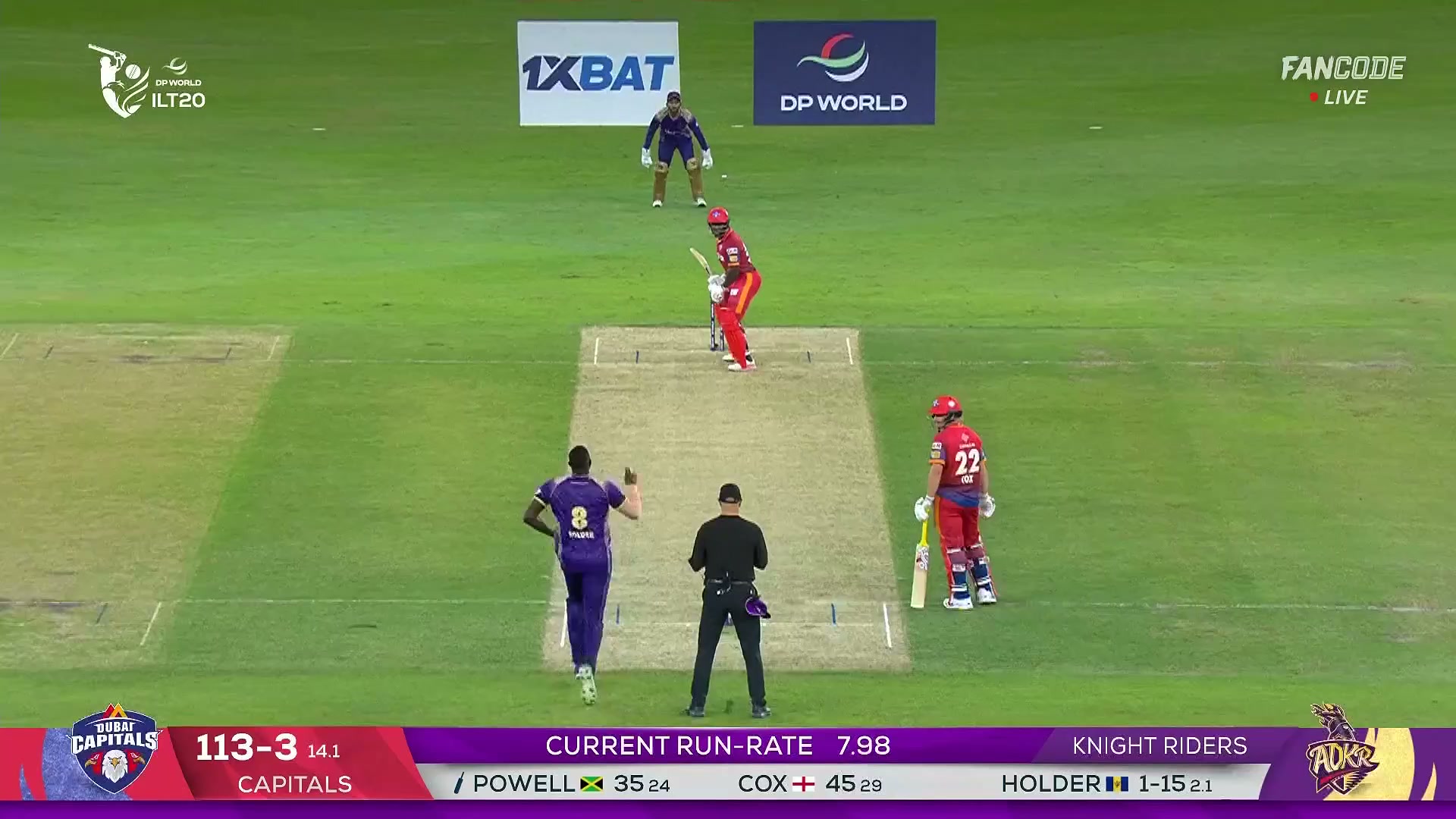 poster url for Six! Rovman Powell Gets Down On One Knee And Sweeps It Across The Line Over The Deep Square Leg Fence For A Flat Six