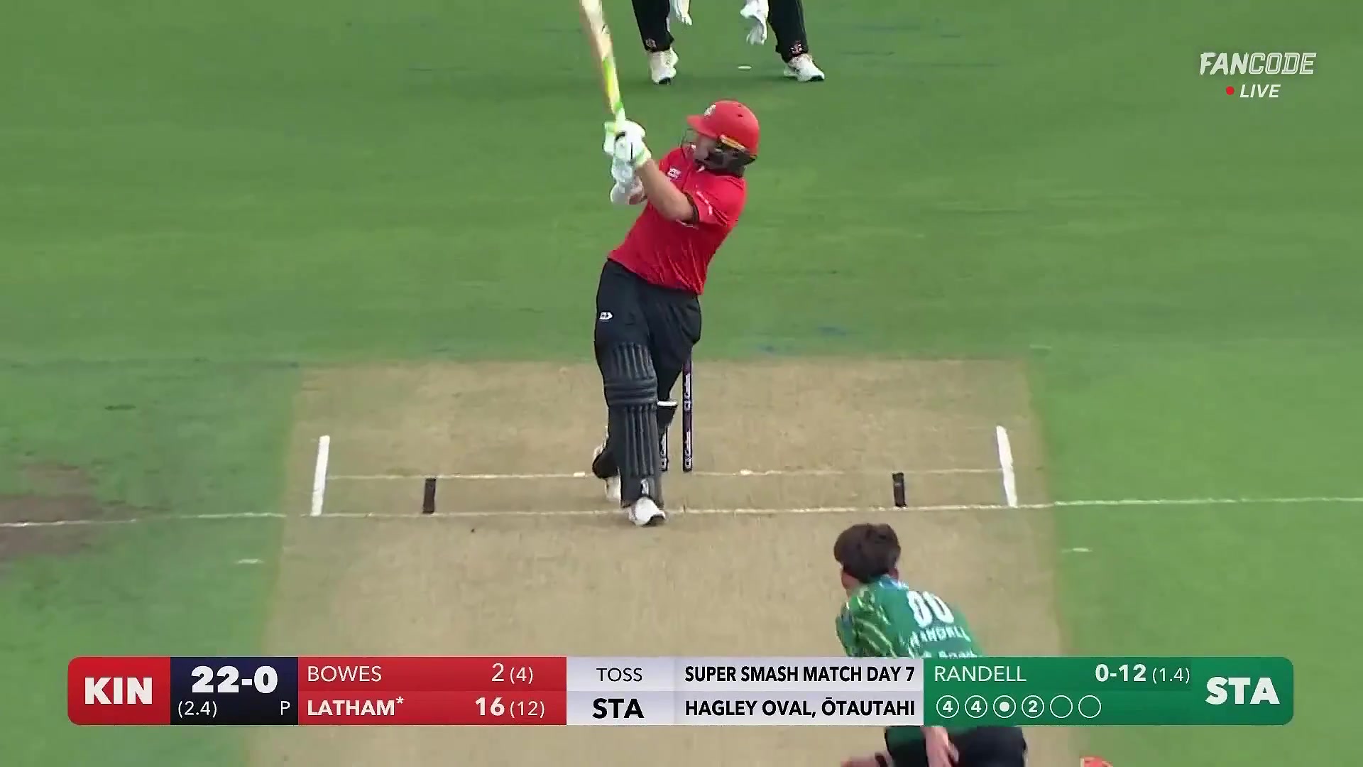 poster url for Six! Tom Latham Goes Big Over Fine Leg And Clear The Ropes With Ease 