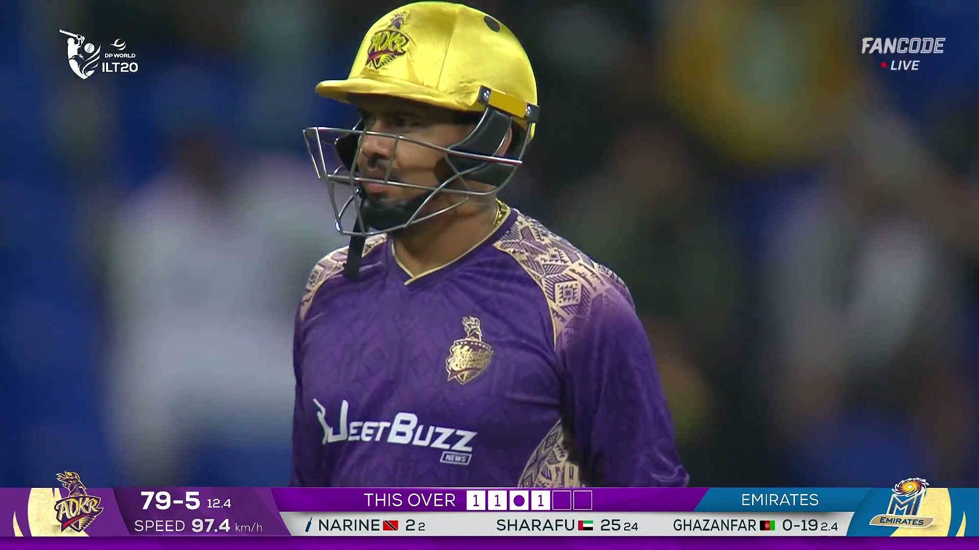 poster url for Six! Sunil Narine Extends His Arms And Tonks It Over Wide Long-On For A Maximum