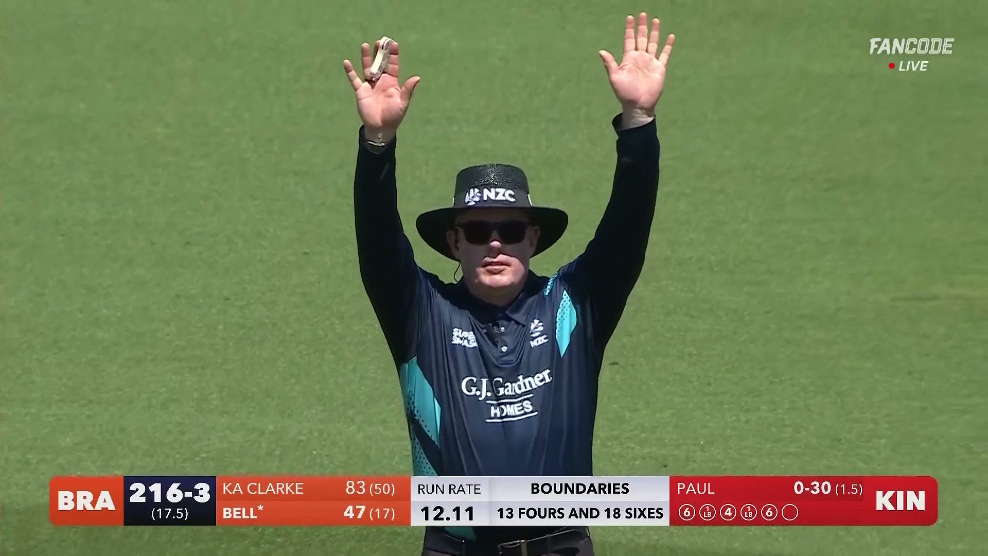 poster url for Six! Xavier Bell Smashes Towering Maximum Straight Down The Ground 