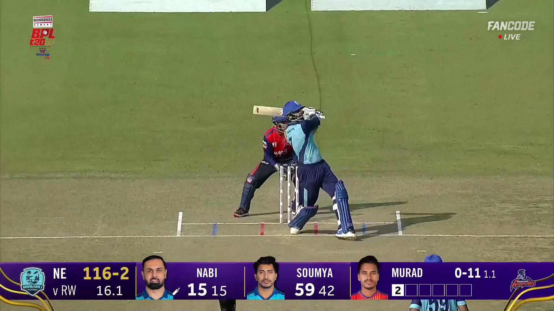 poster url for Six! Mohammad Nabi Clobbers It Over Deep Mid-Wicket For A Biggie