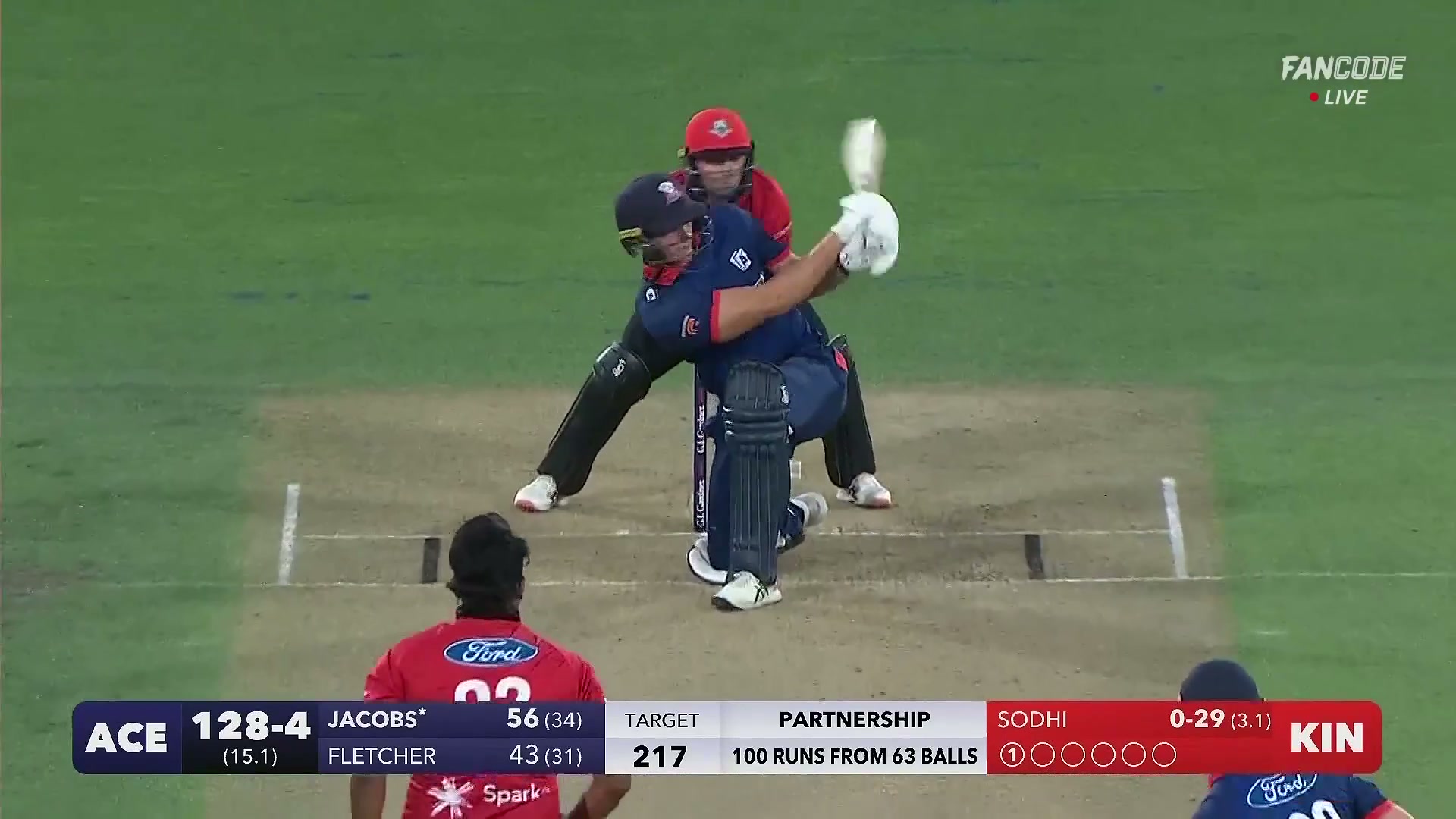 poster url for Six! Bevon Jacobs Drops To One Knee And Smashes Ish Sodhi To Square Leg Maximum