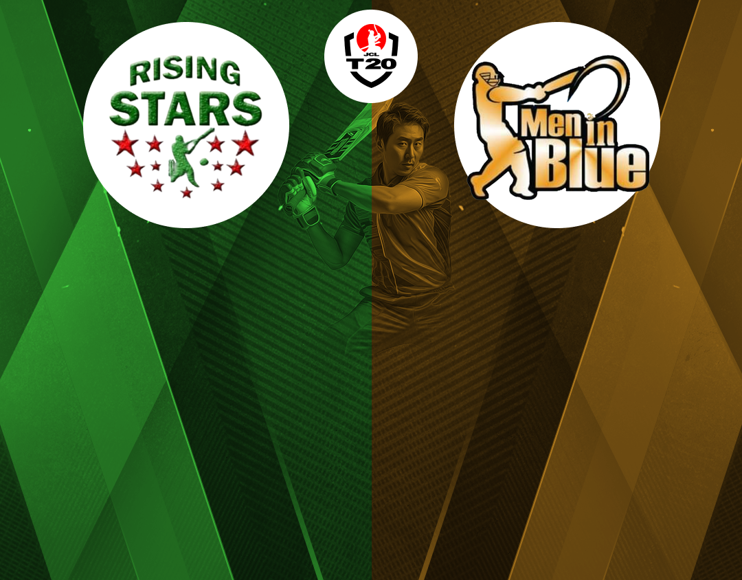 Match 26 of jcl t20, 2024: rising stars vs men in blue tokyo banner