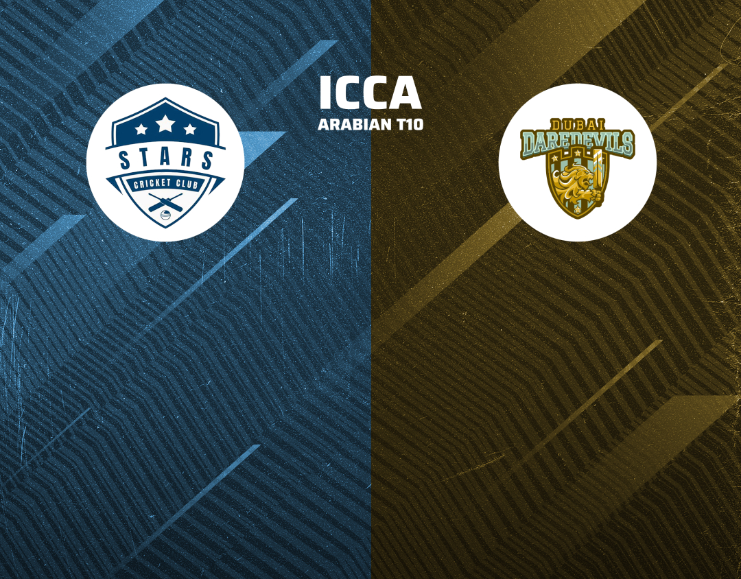 Match 33 of icca arabian t10, 2024: top stars vs dubai dare devils banner
