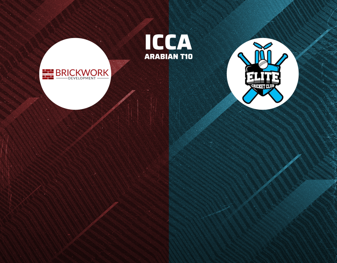 Match 50 of icca arabian t10, 2024: brickwork development vs elite cricket club banner