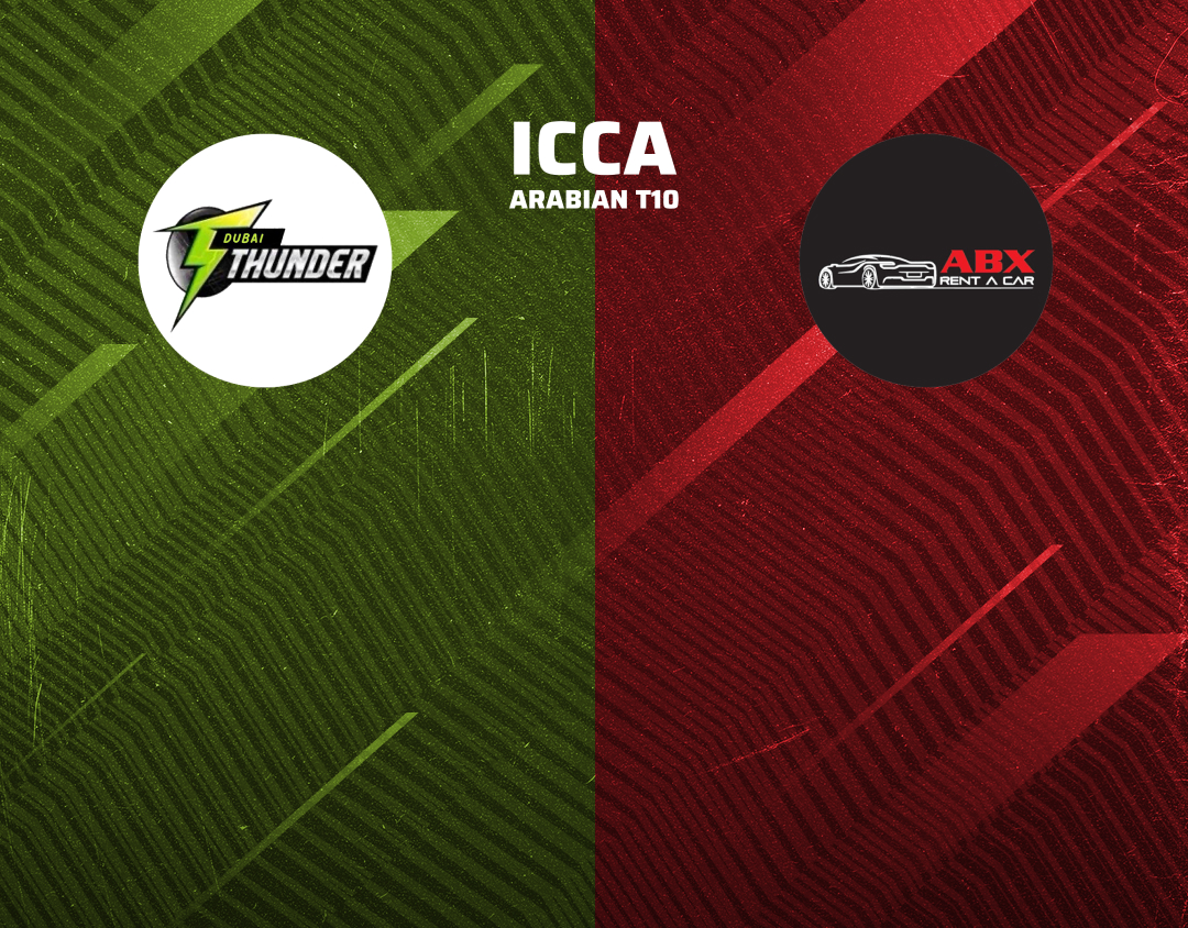 Match 56 of icca arabian t10, 2024: dubai thunders vs abx rent a car banner