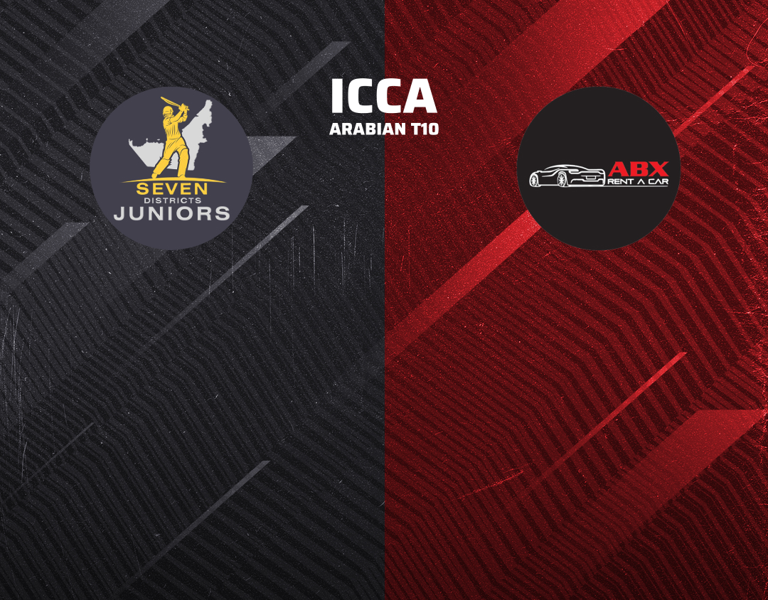 Match 58 of icca arabian t10, 2024: seven districts hybrid vs abx rent a car banner