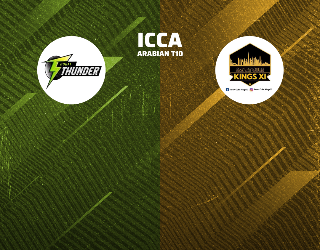 Match 64 of icca arabian t10, 2024: dubai thunders vs smart cube kings 11 banner