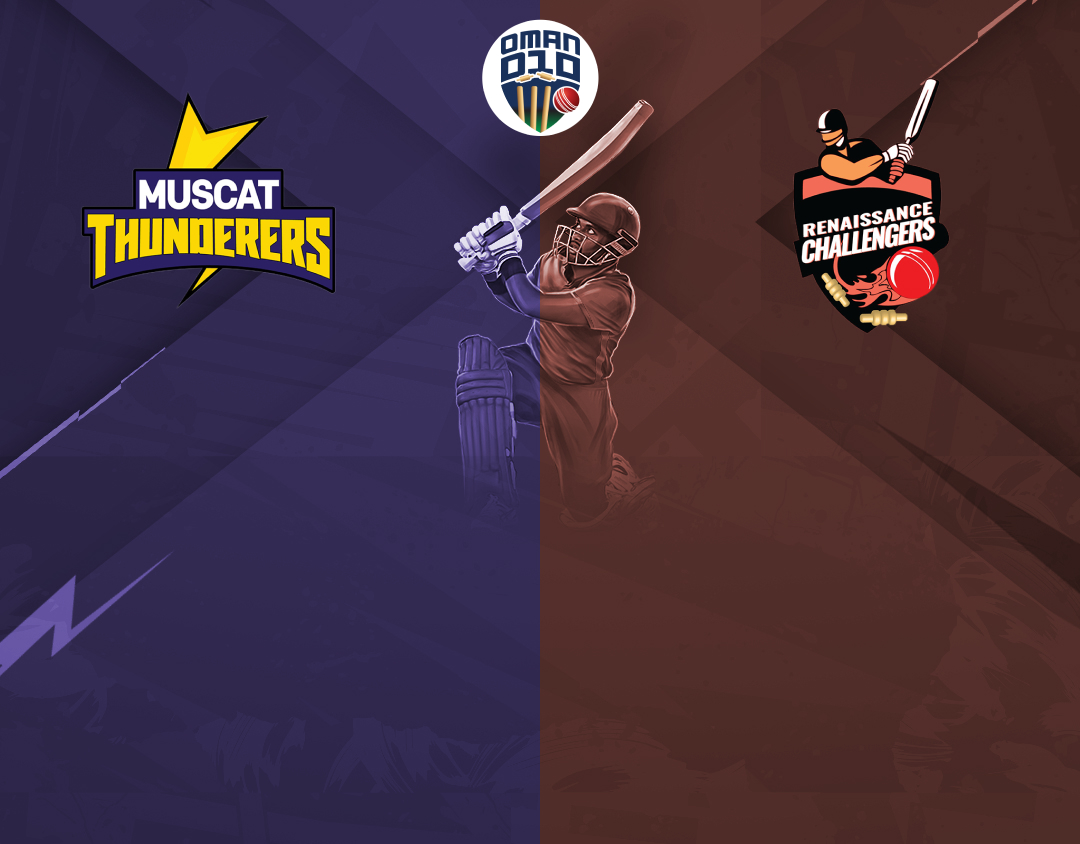 Match 27 of oman d10 league, 2024: muscat thunders vs renaissance challengers banner